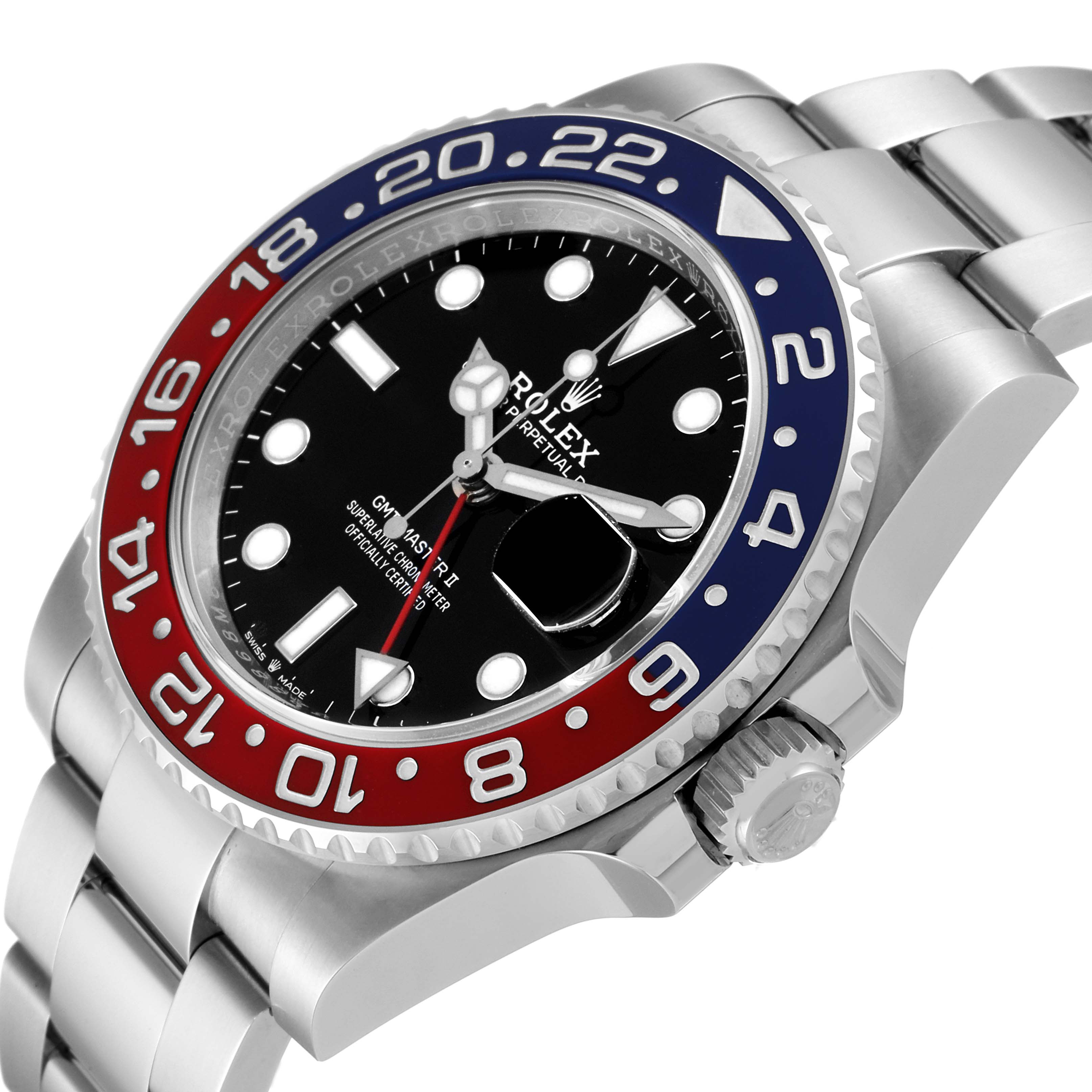 The image shows a Rolex GMT-Master 126710BLRO Men
s Stainless Steel Black Dial 126710BLRO Men
s Stainless Steel Black Dial wristwatch angled to display its bezel, dial, crown, and part of its bracelet.