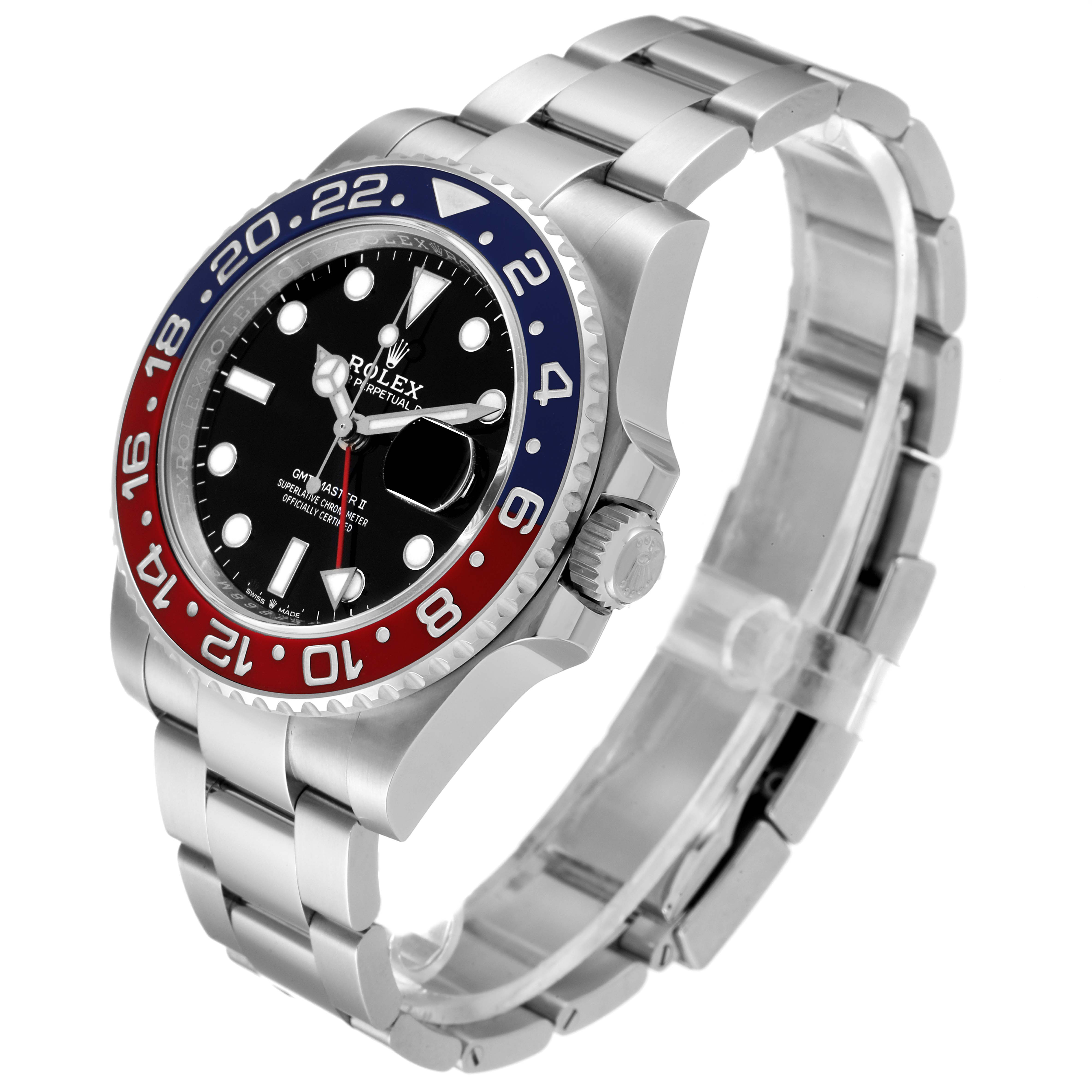 The image displays a side angle of a Rolex GMT-Master 126710BLRO Men
s Stainless Steel Black Dial 126710BLRO Men
s Stainless Steel Black Dial watch, showing its bezel, dial, bracelet, and crown.
