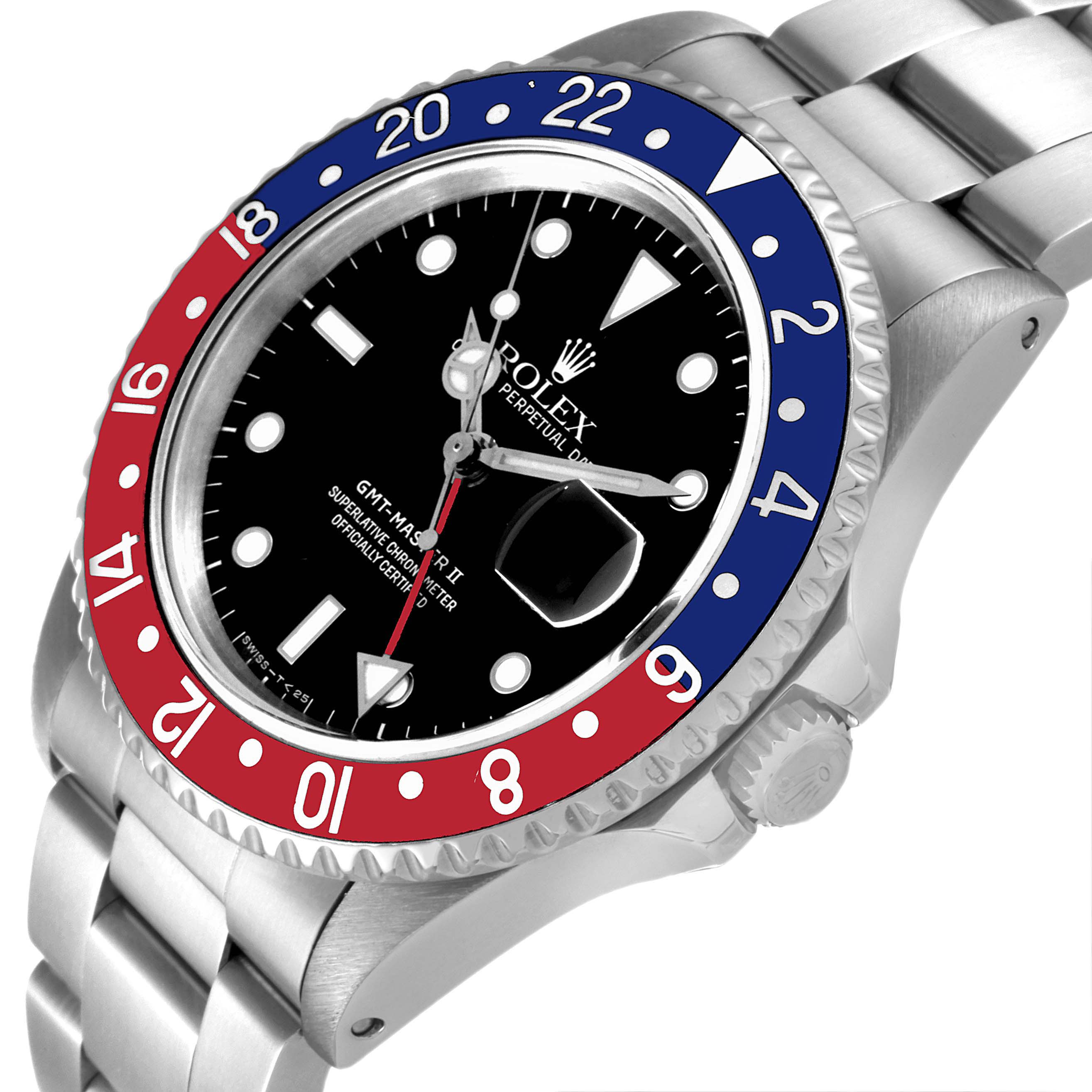 This image shows a close-up of a Rolex GMT-Master 16710 Men
s Stainless Steel Black Dial 16710 Men
s Stainless Steel Black Dial II watch, highlighting the bezel, dial, crown, and part of the bracelet.