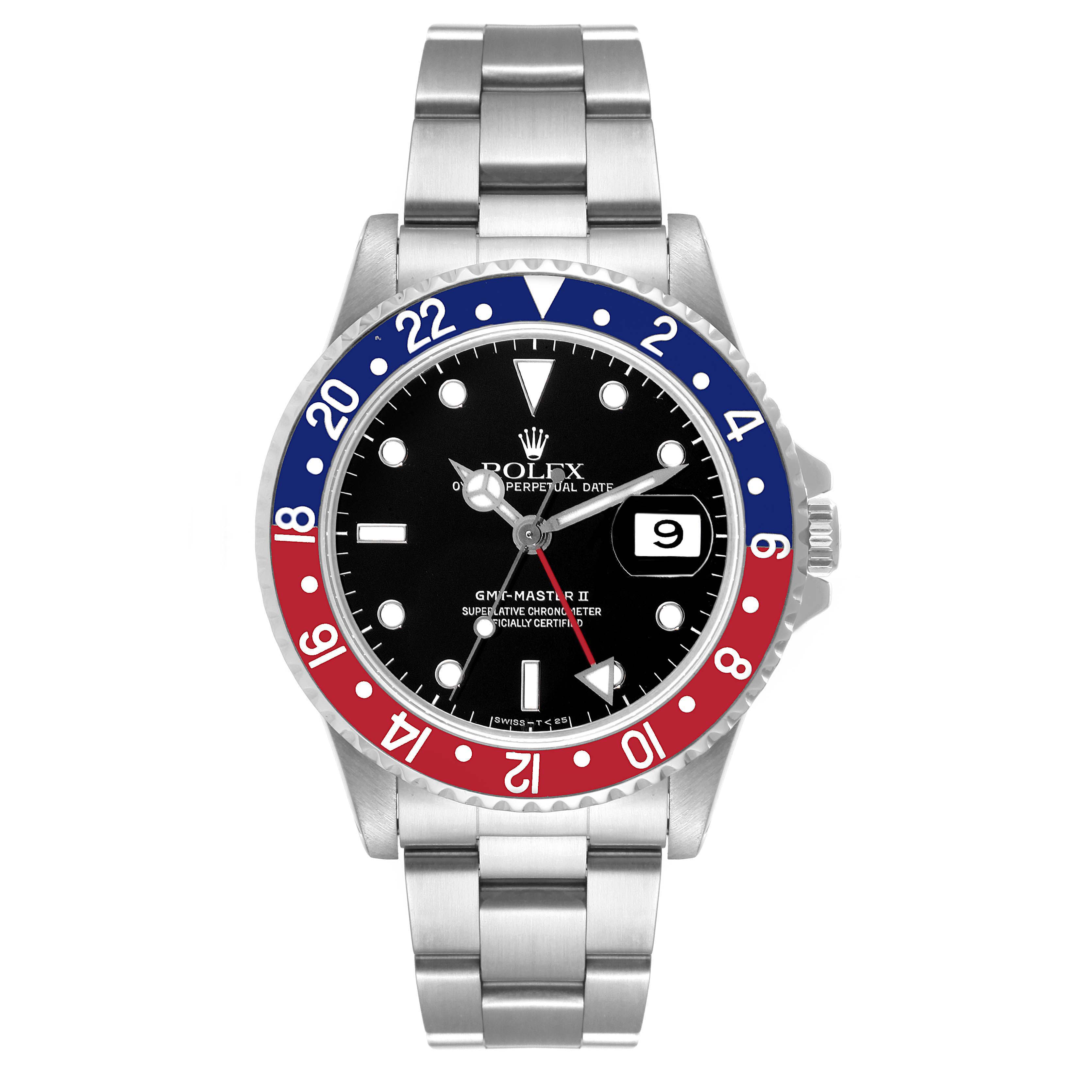 This image shows the front view of a Rolex GMT-Master 16710 Men
s Stainless Steel Black Dial 16710 Men
s Stainless Steel Black Dial watch featuring a two-tone red and blue bezel.