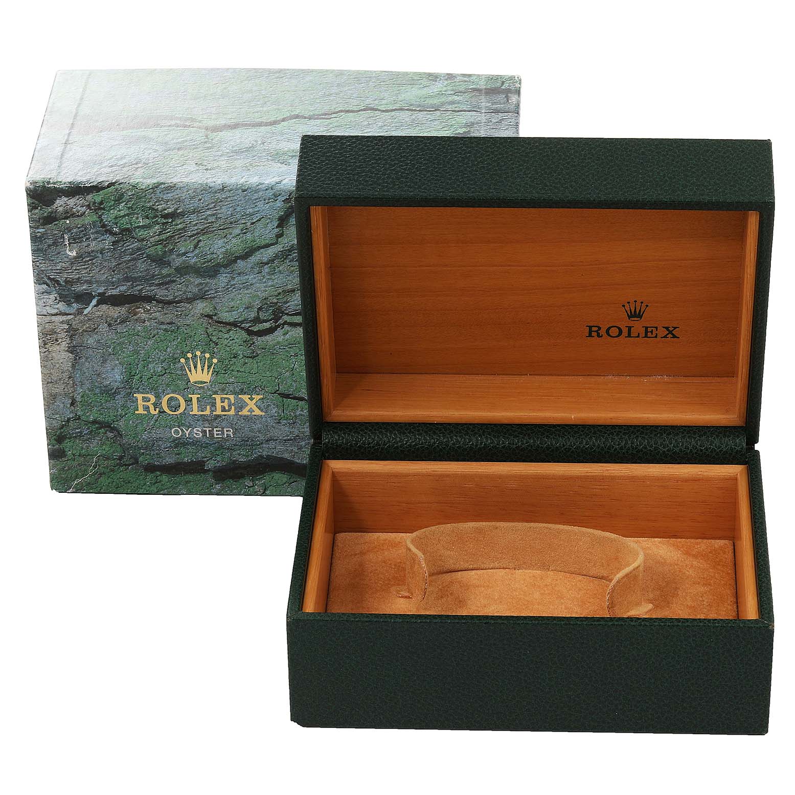 This is an open Rolex GMT-Master 16710 Men
s Stainless Steel Black Dial 16710 Men
s Stainless Steel Black Dial watch box, showing its inner compartment and outer sleeve.