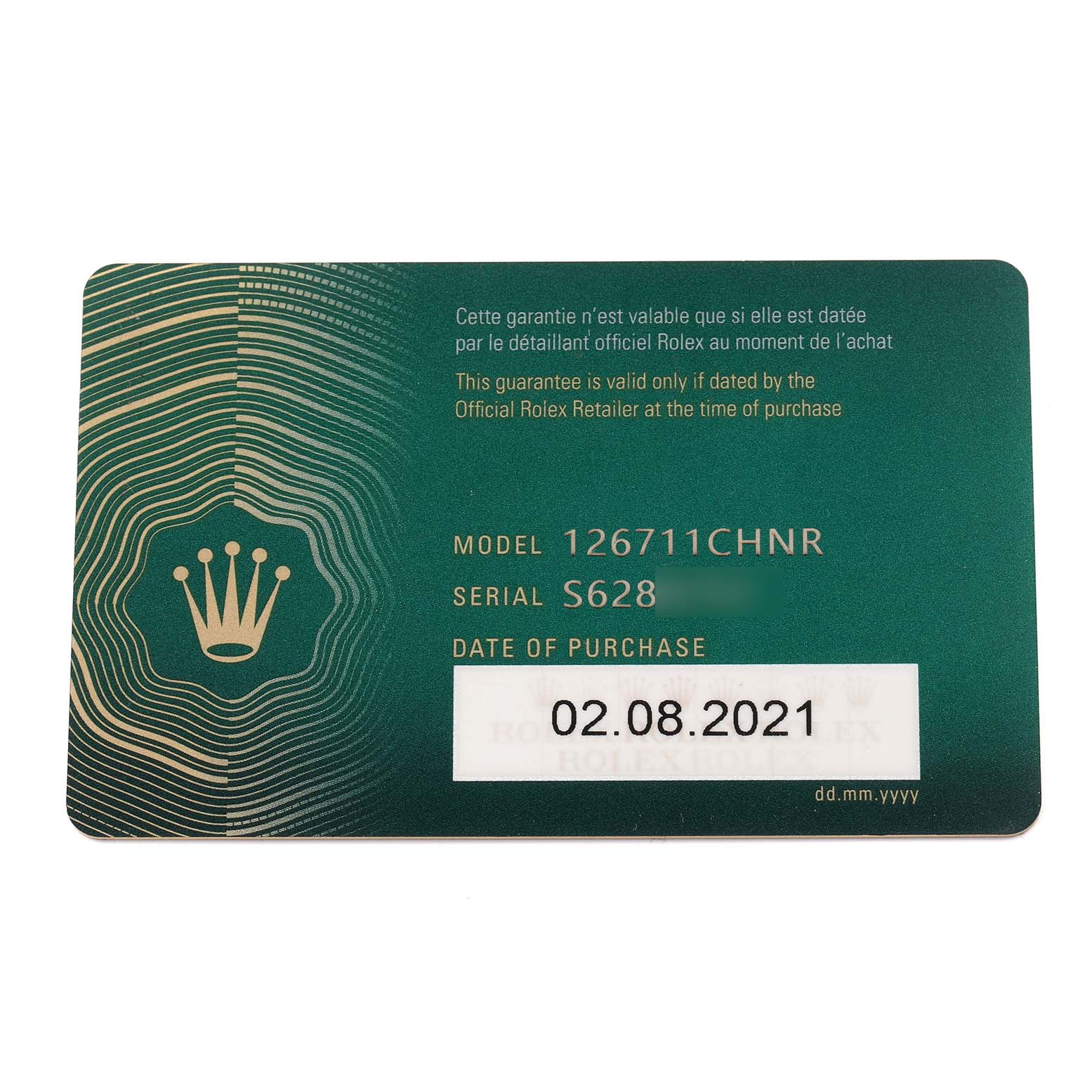 The image shows a warranty card for a Rolex GMT-Master 126711CHNR Men's Steel and Gold (two tone) Black Dial 126711CHNR Men's Steel and Gold (two tone) Black Dial model.