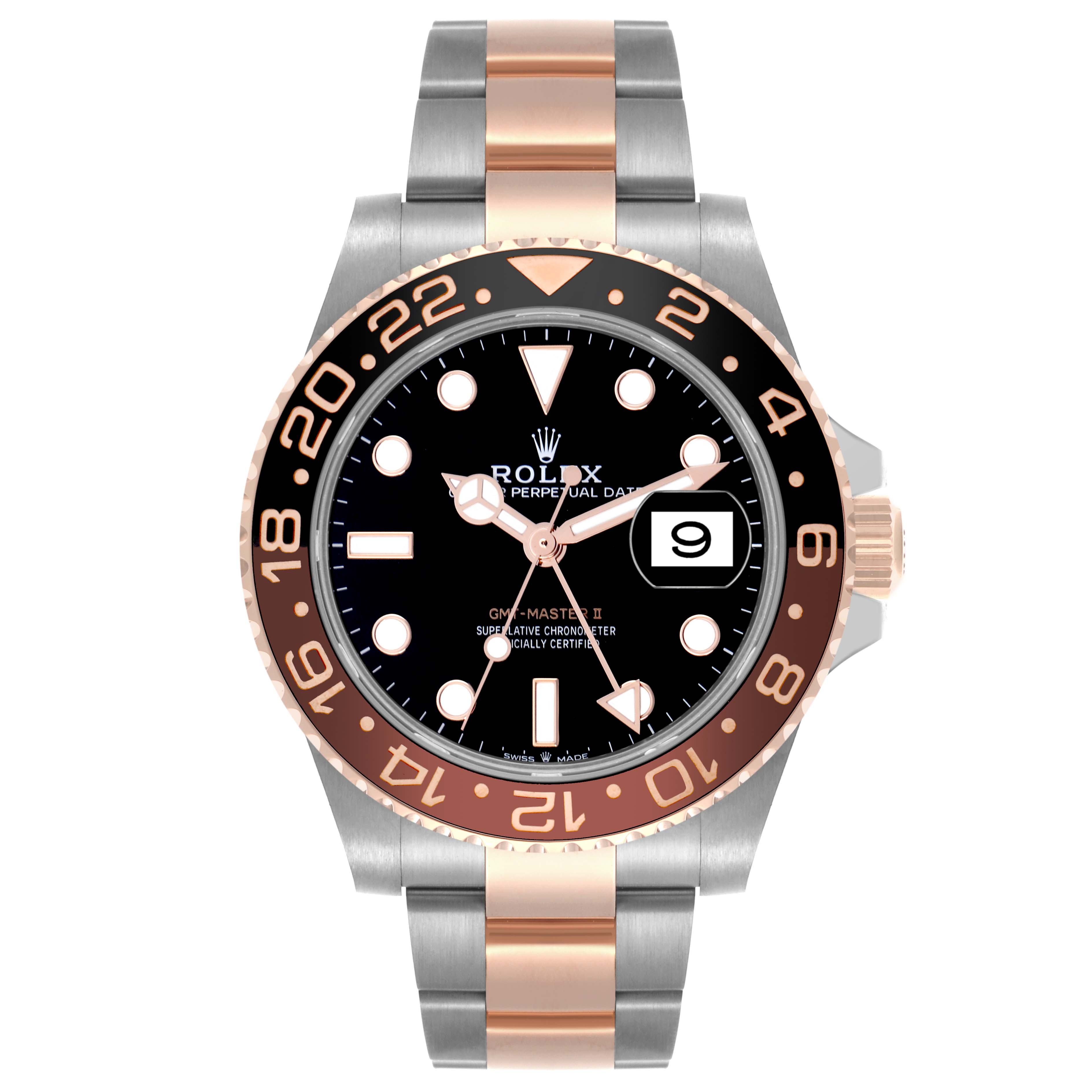 The image displays a front view of the Rolex GMT-Master 126711CHNR Men's Steel and Gold (two tone) Black Dial 126711CHNR Men's Steel and Gold (two tone) Black Dial II, highlighting the dial, bezel, and bracelet.