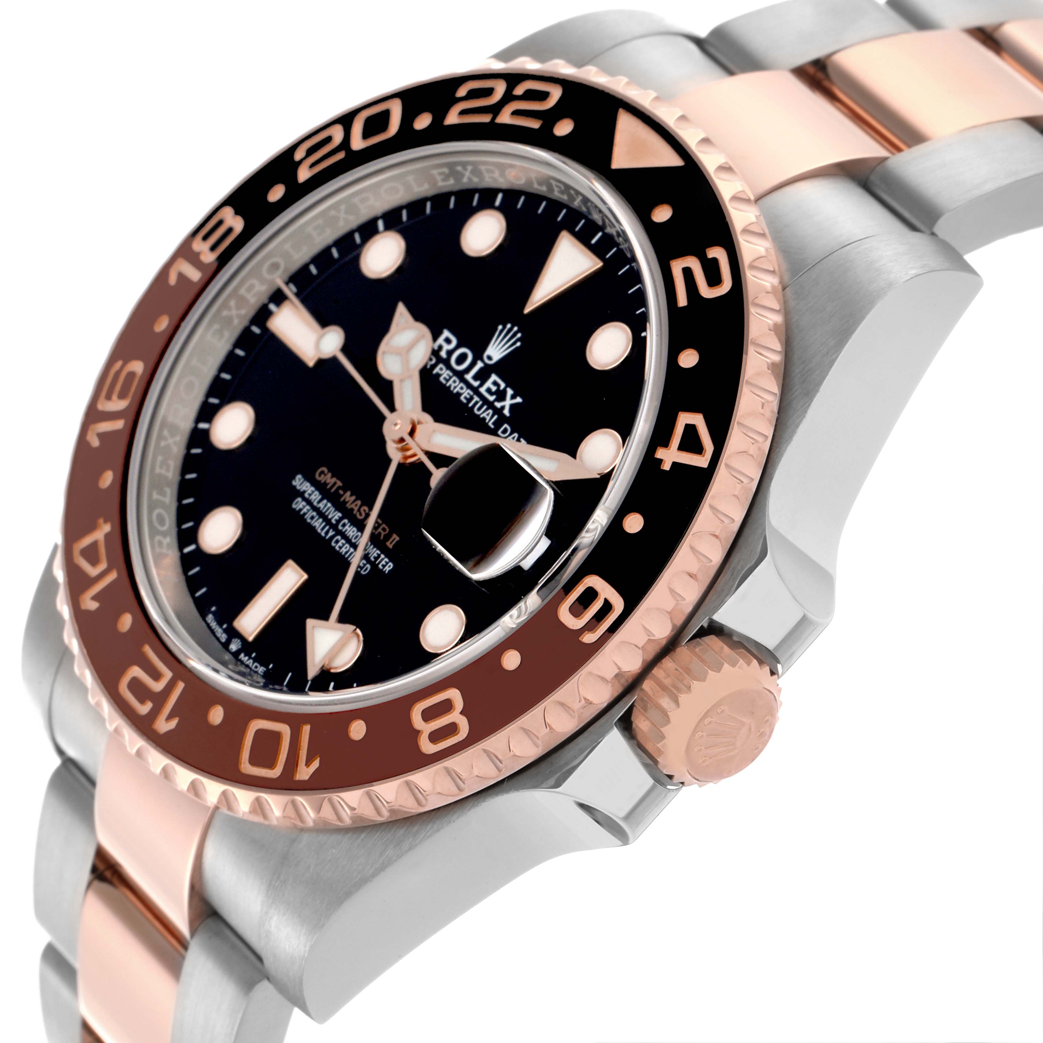The Rolex GMT-Master 126711CHNR Men's Steel and Gold (two tone) Black Dial 126711CHNR Men's Steel and Gold (two tone) Black Dial watch is shown at an angled side view, displaying its bezel, crown, and portion of the bracelet.