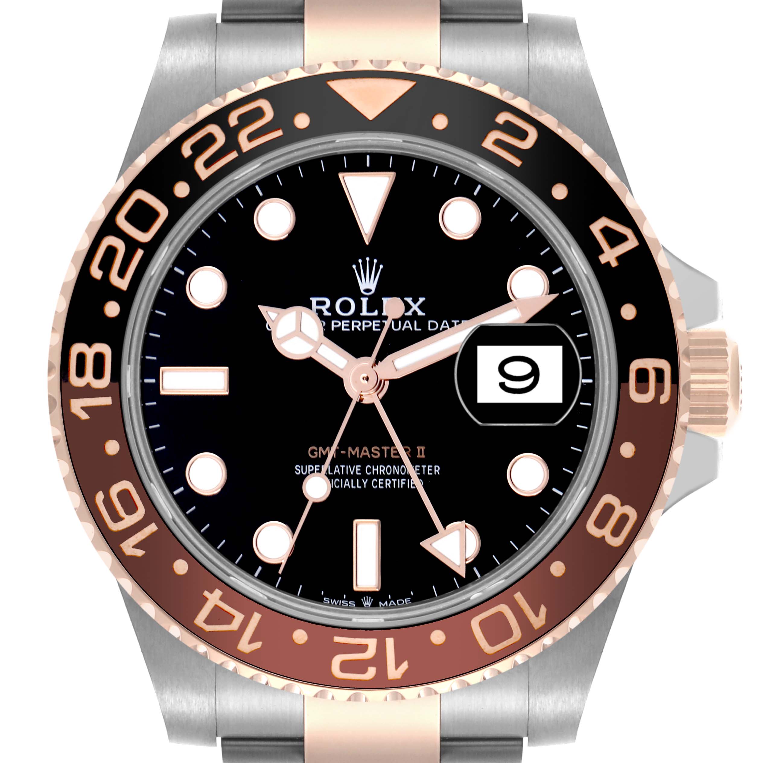 The Rolex GMT-Master 126711CHNR Men's Steel and Gold (two tone) Black Dial 126711CHNR Men's Steel and Gold (two tone) Black Dial II watch is shown from a front angle, displaying the face, bezel, and part of the bracelet.