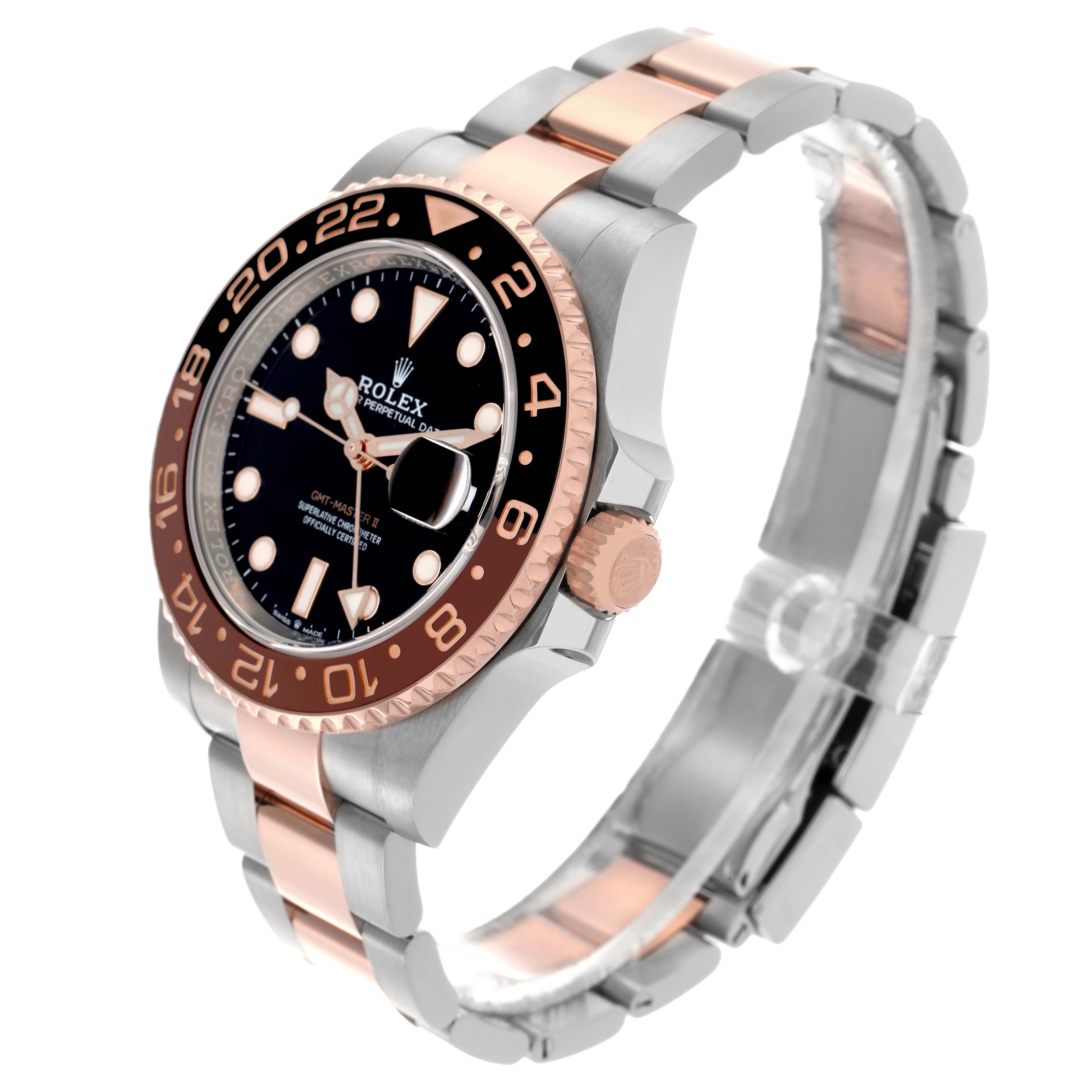 The Rolex GMT-Master 126711CHNR Men's Steel and Gold (two tone) Black Dial 126711CHNR Men's Steel and Gold (two tone) Black Dial watch is shown at a three-quarter angle, highlighting the bezel, dial, and bracelet.