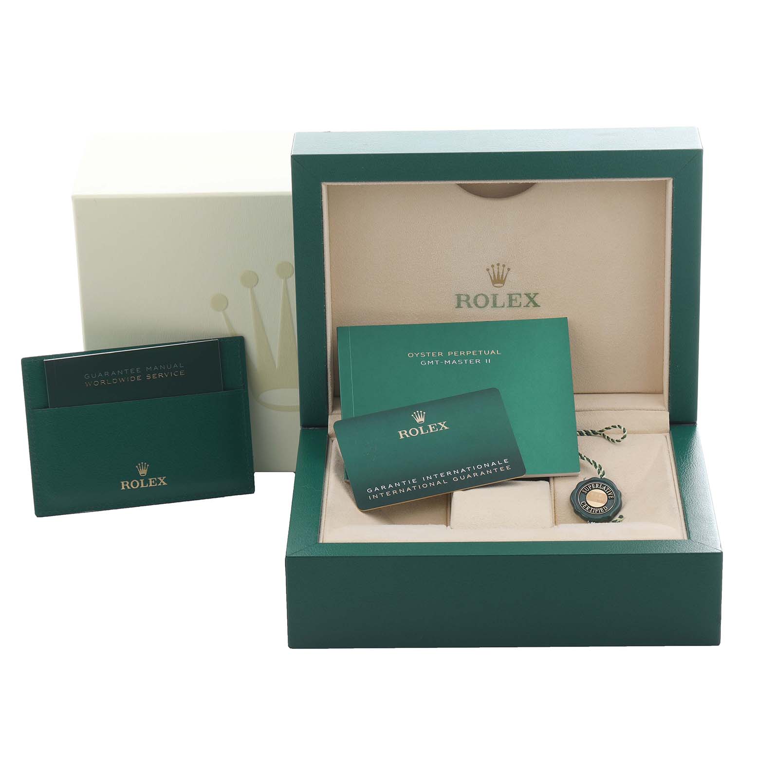 The image shows the packaging and accessories of a Rolex GMT-Master 126711CHNR Men's Steel and Gold (two tone) Black Dial 126711CHNR Men's Steel and Gold (two tone) Black Dial II, including the box, manual, warranty card, and tag.