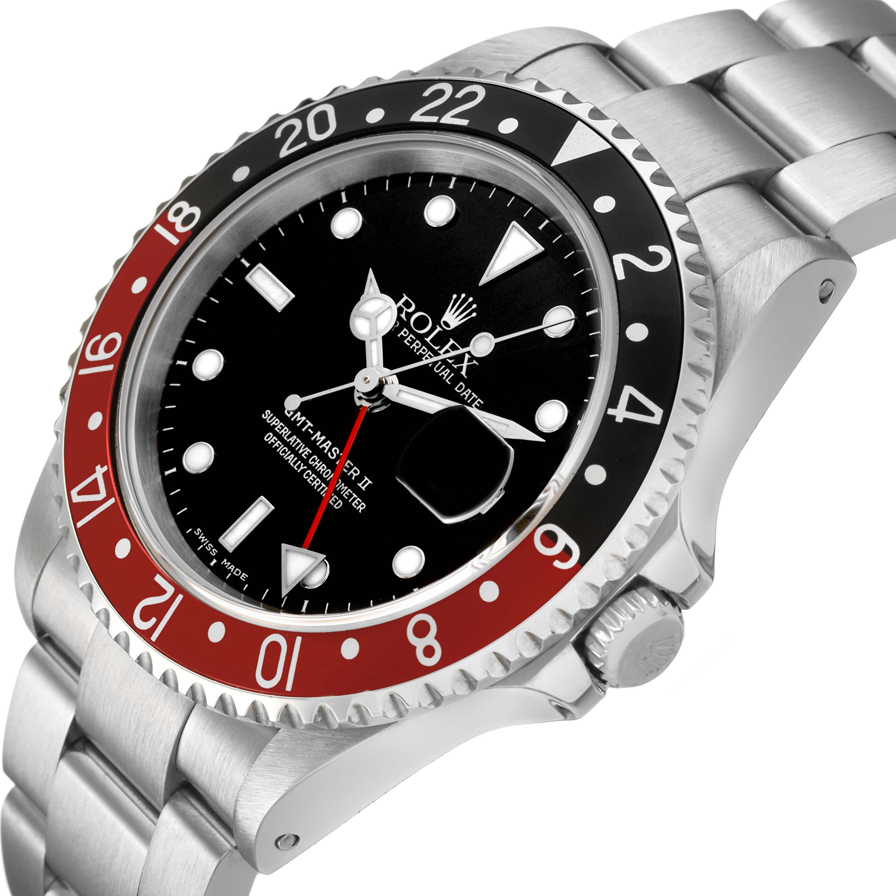 The Rolex GMT-Master 16710 Men's Stainless Steel Black Dial is shown from an angled side view, highlighting its bezel, dial, and bracelet.