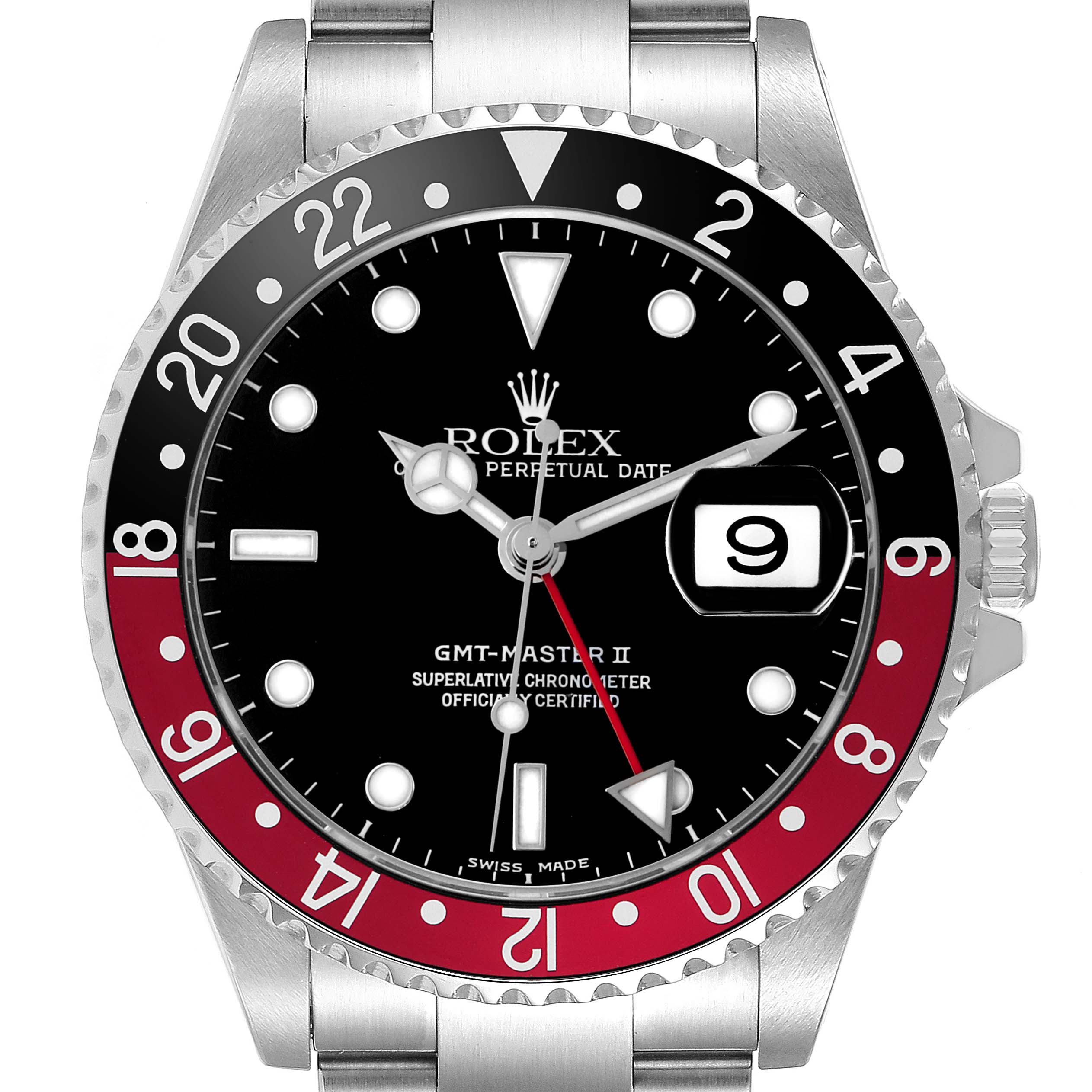 The image shows a front view of the Rolex GMT-Master 16710 Men's Stainless Steel Black Dial II, highlighting its bezel, dial, and date feature.