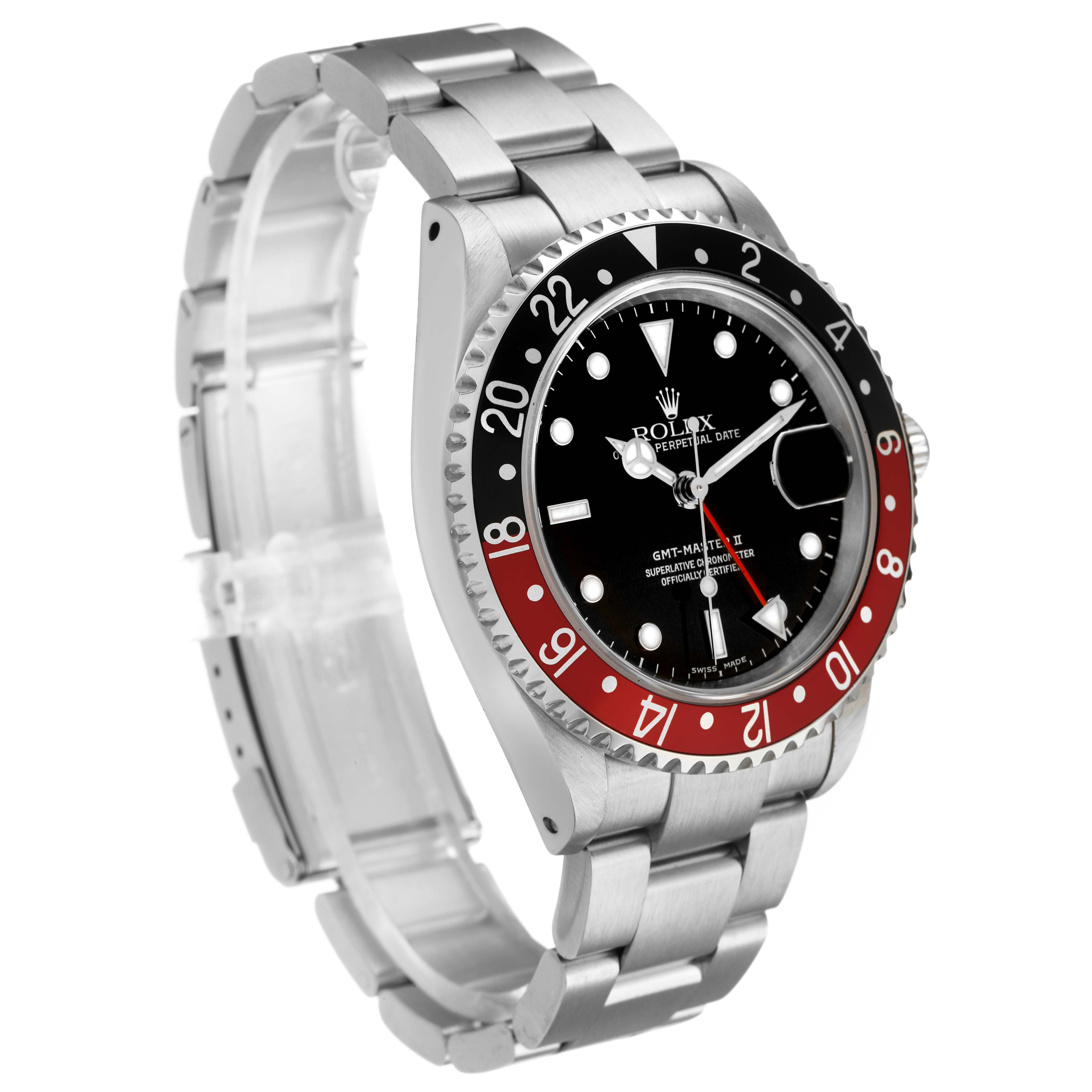 The Rolex GMT-Master 16710 Men's Stainless Steel Black Dial watch is shown at a three-quarter angle, displaying its bezel, dial, and bracelet.