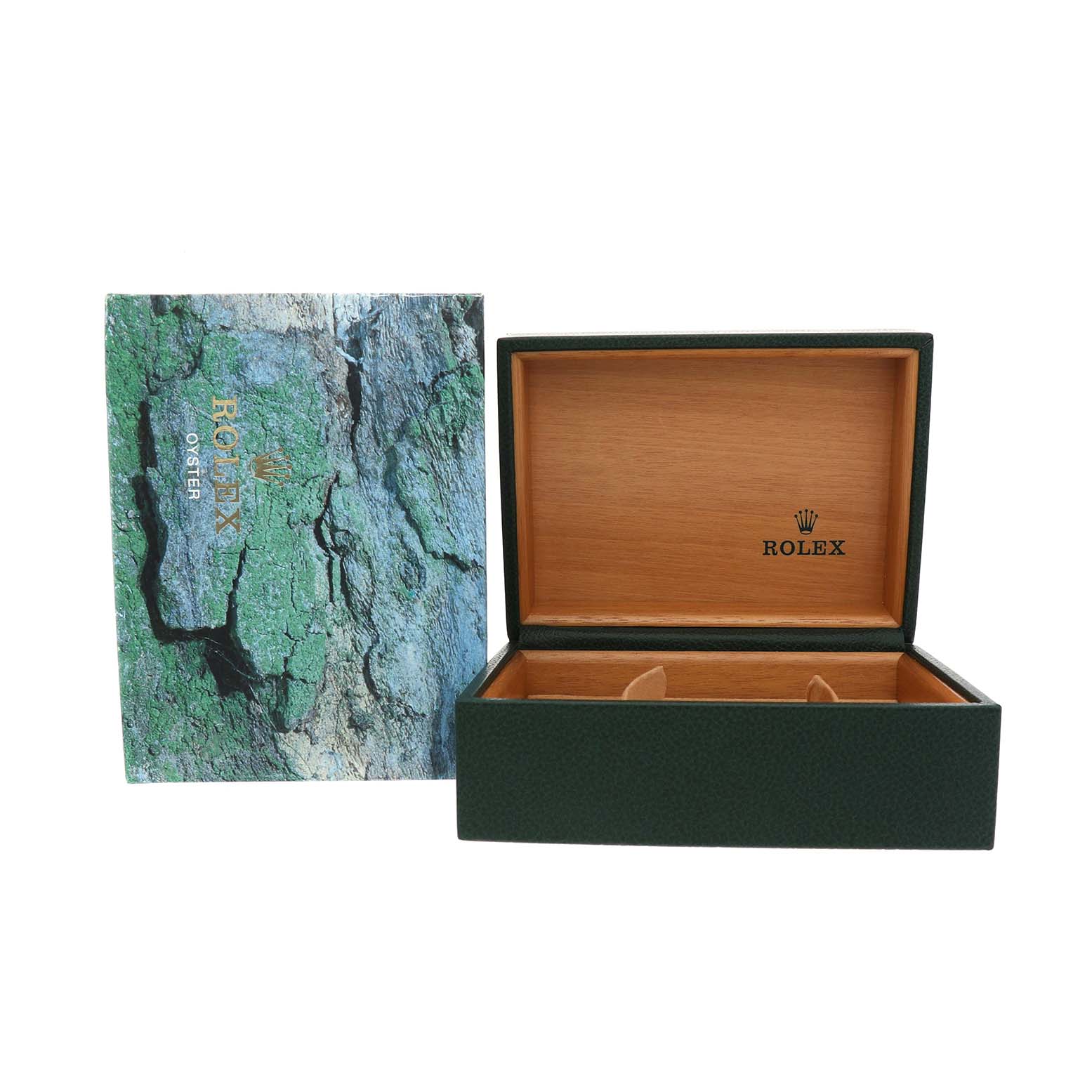 The image shows an open Rolex GMT-Master 16710 Men's Stainless Steel Black Dial box and its exterior packaging.