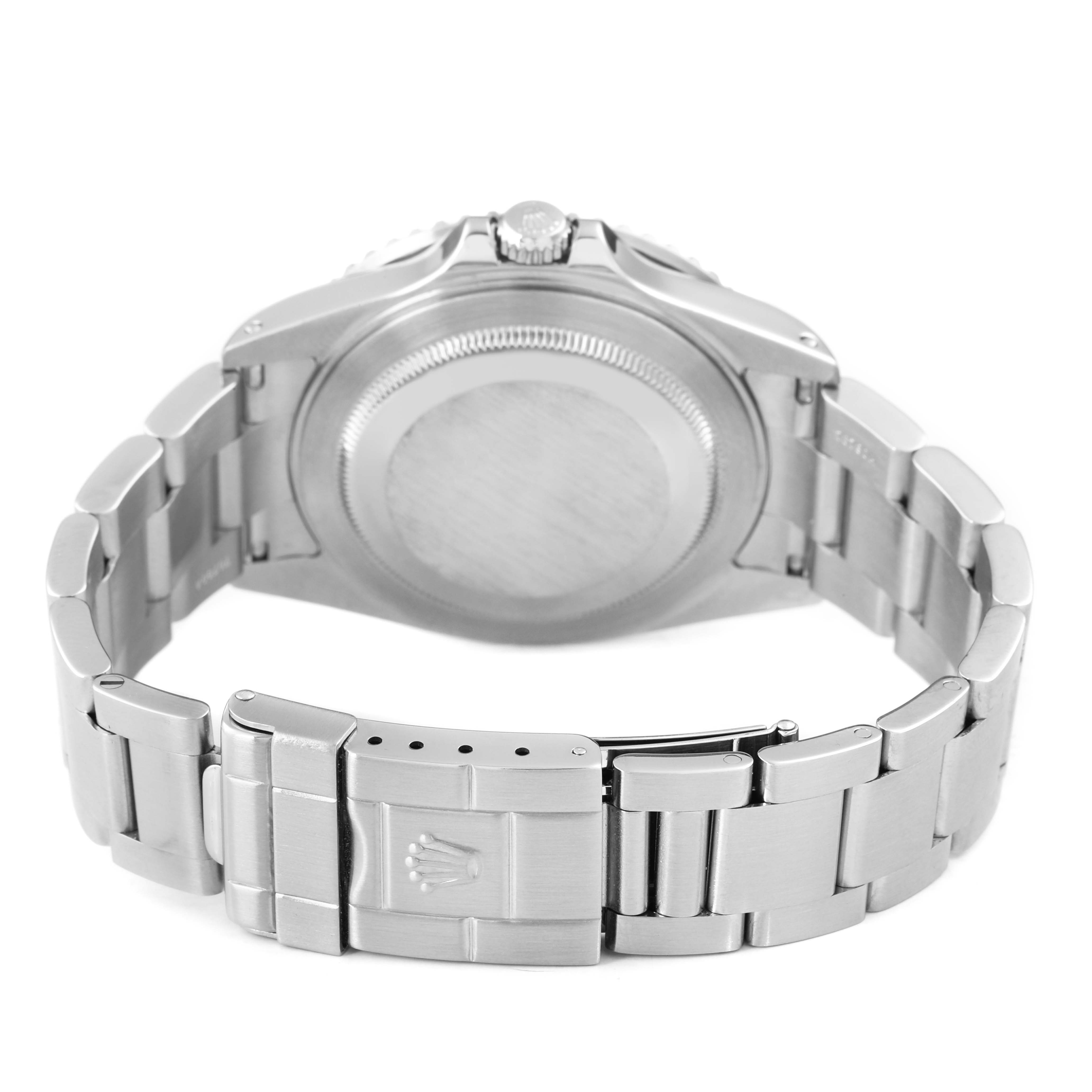 The image shows the back of a Rolex GMT-Master 16710 Men's Stainless Steel Black Dial, highlighting the case back, bracelet, and clasp.