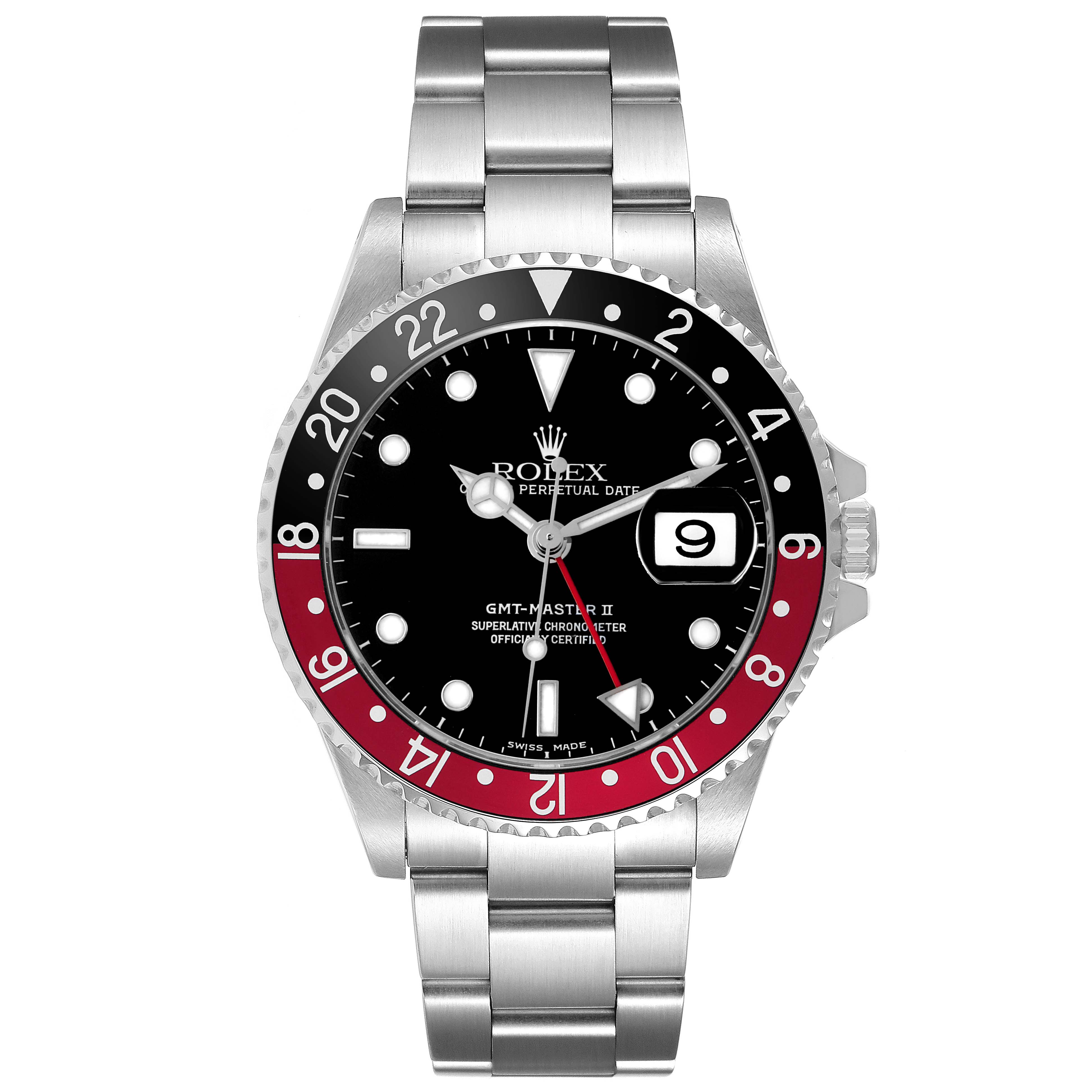 The Rolex GMT-Master 16710 Men's Stainless Steel Black Dial watch is shown from the front, displaying the dial, bezel, and bracelet.