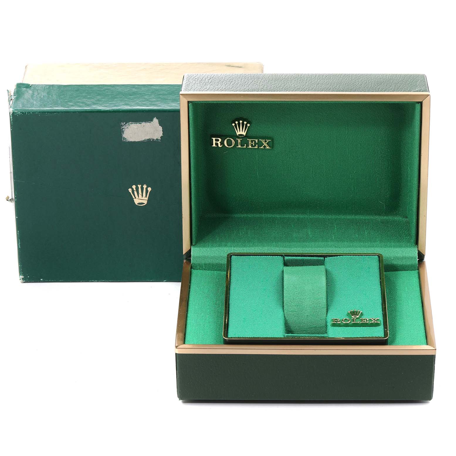 The image shows an empty Rolex GMT-Master 16758 Men's Yellow Gold Brown Dial 16758 Men's Yellow Gold Brown Dial watch box with an outer box and an inner cushion, both branded with the Rolex logo.