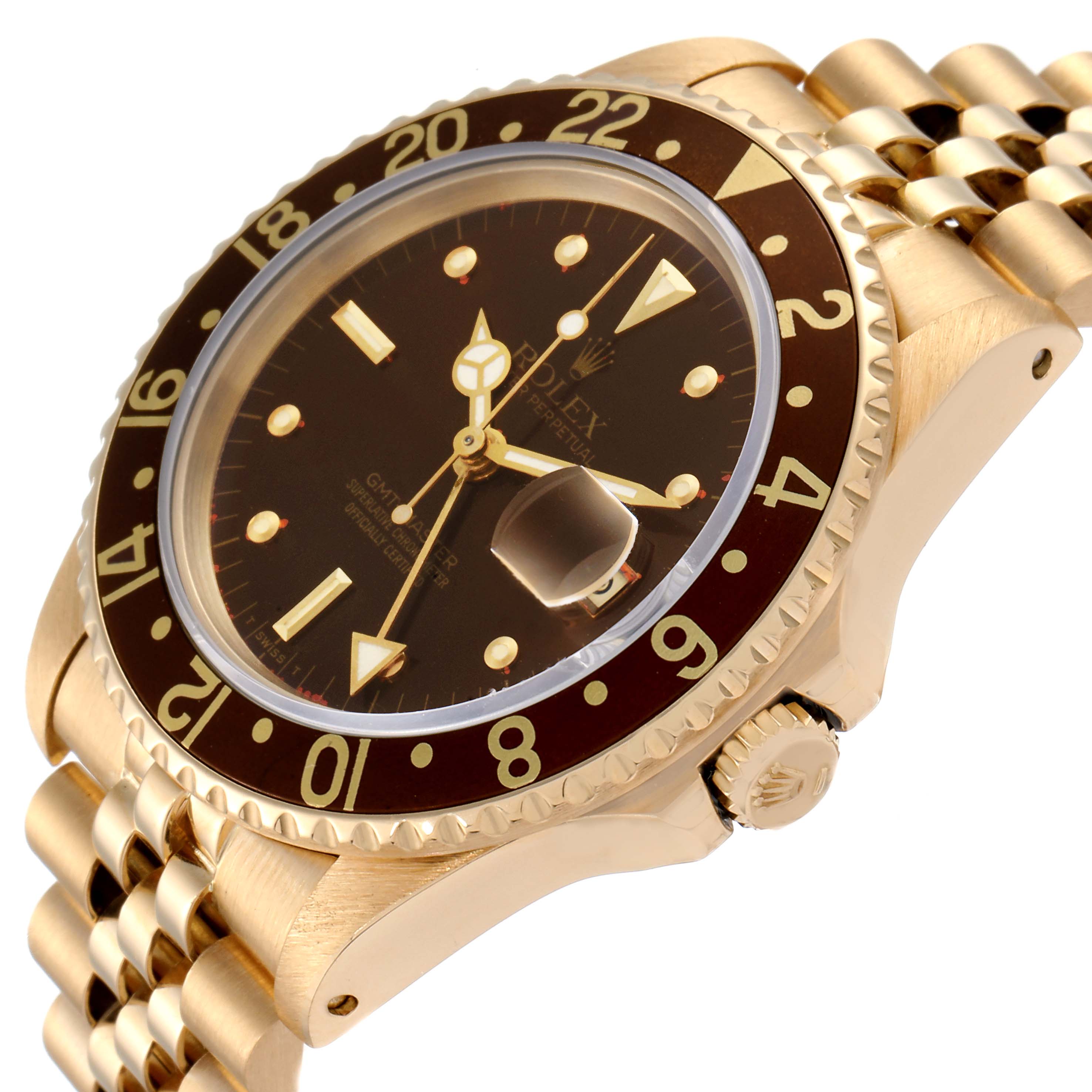 This image shows a close-up, angled view of a Rolex GMT-Master 16758 Men's Yellow Gold Brown Dial 16758 Men's Yellow Gold Brown Dial watch, highlighting the bezel, dial, crown, and part of the bracelet.