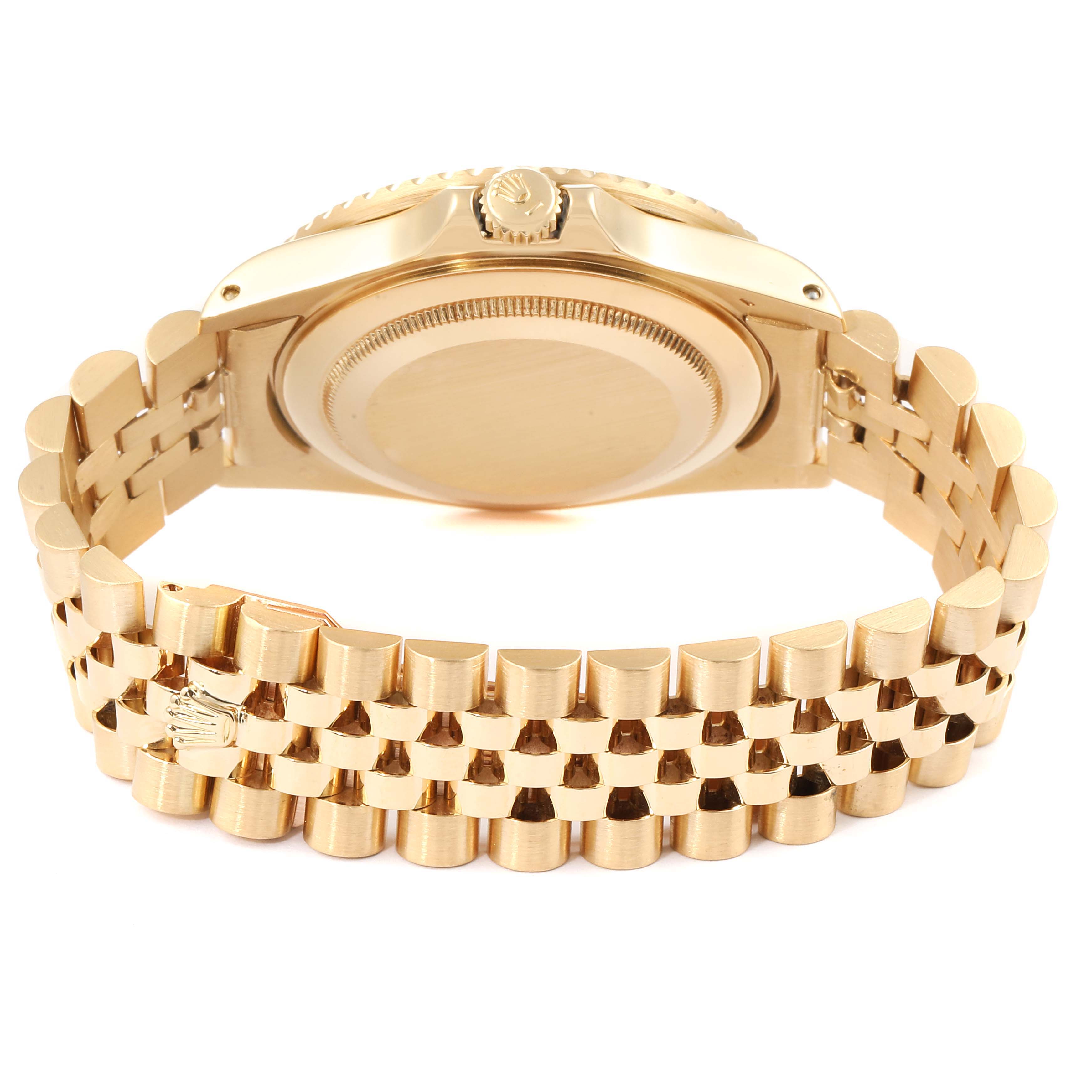The image shows the backside and bracelet of the Rolex GMT-Master 16758 Men's Yellow Gold Brown Dial 16758 Men's Yellow Gold Brown Dial watch, highlighting the watch case, crown, and intricate bracelet design.