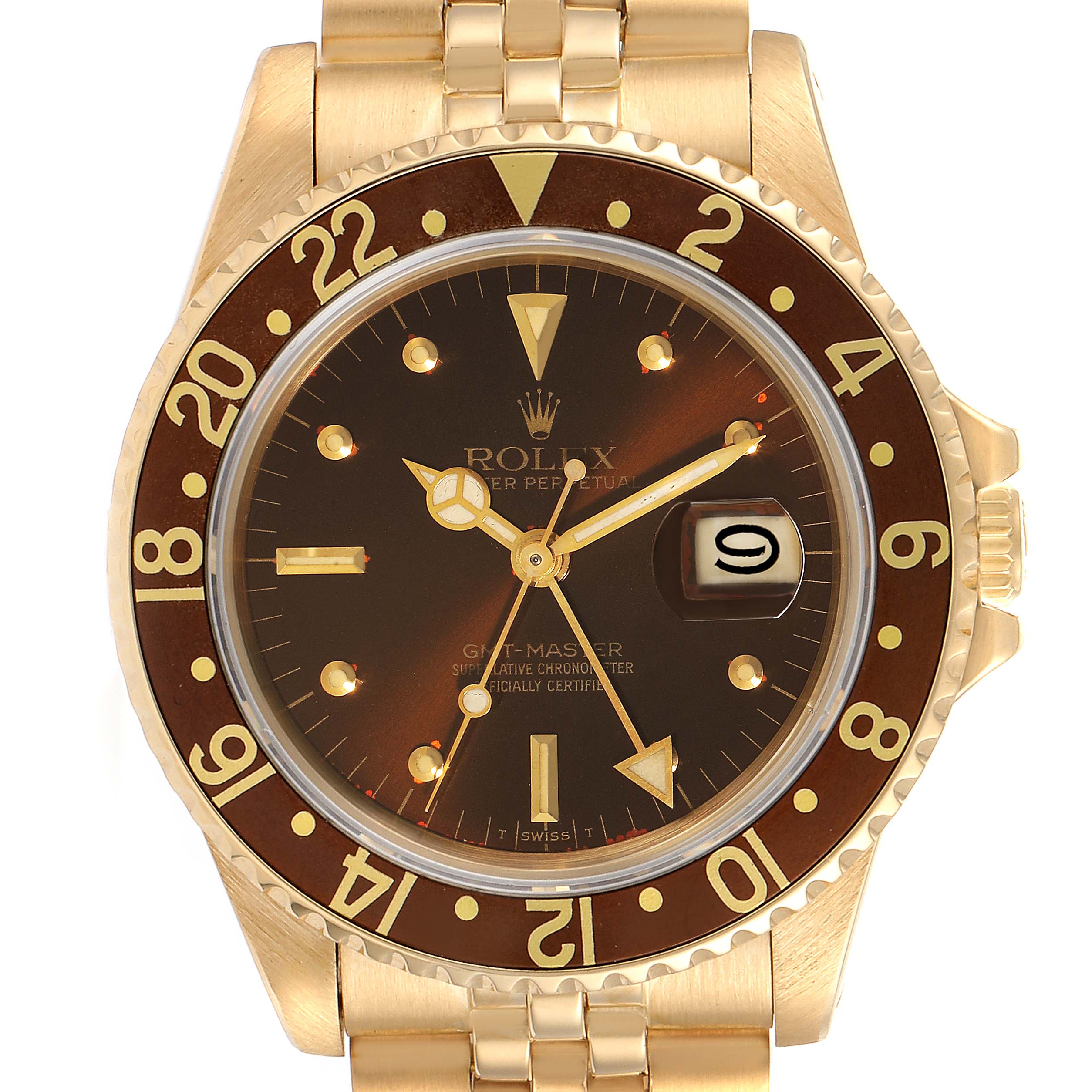 The image shows a front view of a Rolex GMT-Master 16758 Men's Yellow Gold Brown Dial 16758 Men's Yellow Gold Brown Dial watch, including the dial, bezel, and part of the bracelet.