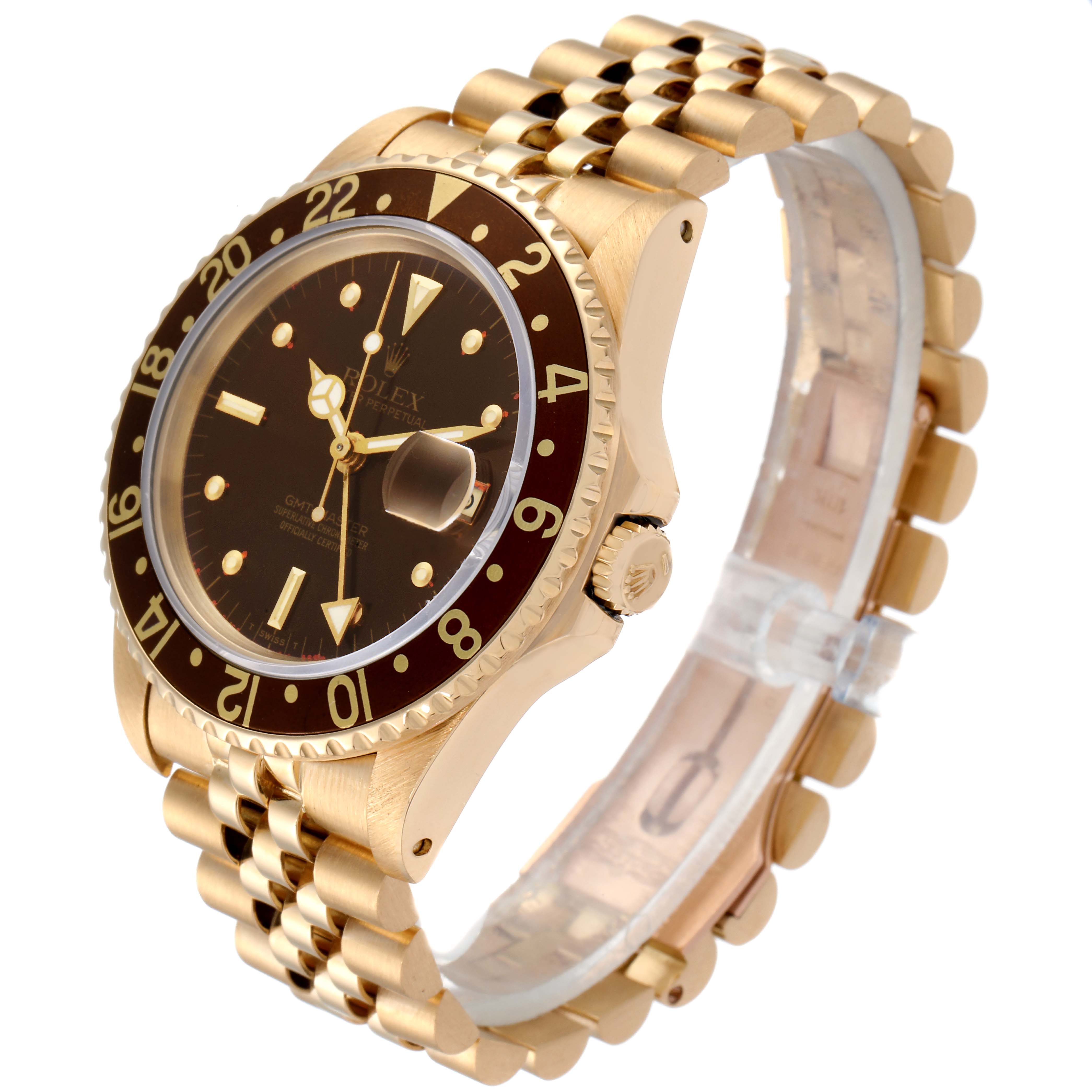 The image shows a Rolex GMT-Master 16758 Men's Yellow Gold Brown Dial 16758 Men's Yellow Gold Brown Dial watch at a three-quarter angle highlighting the dial, bezel, and bracelet.