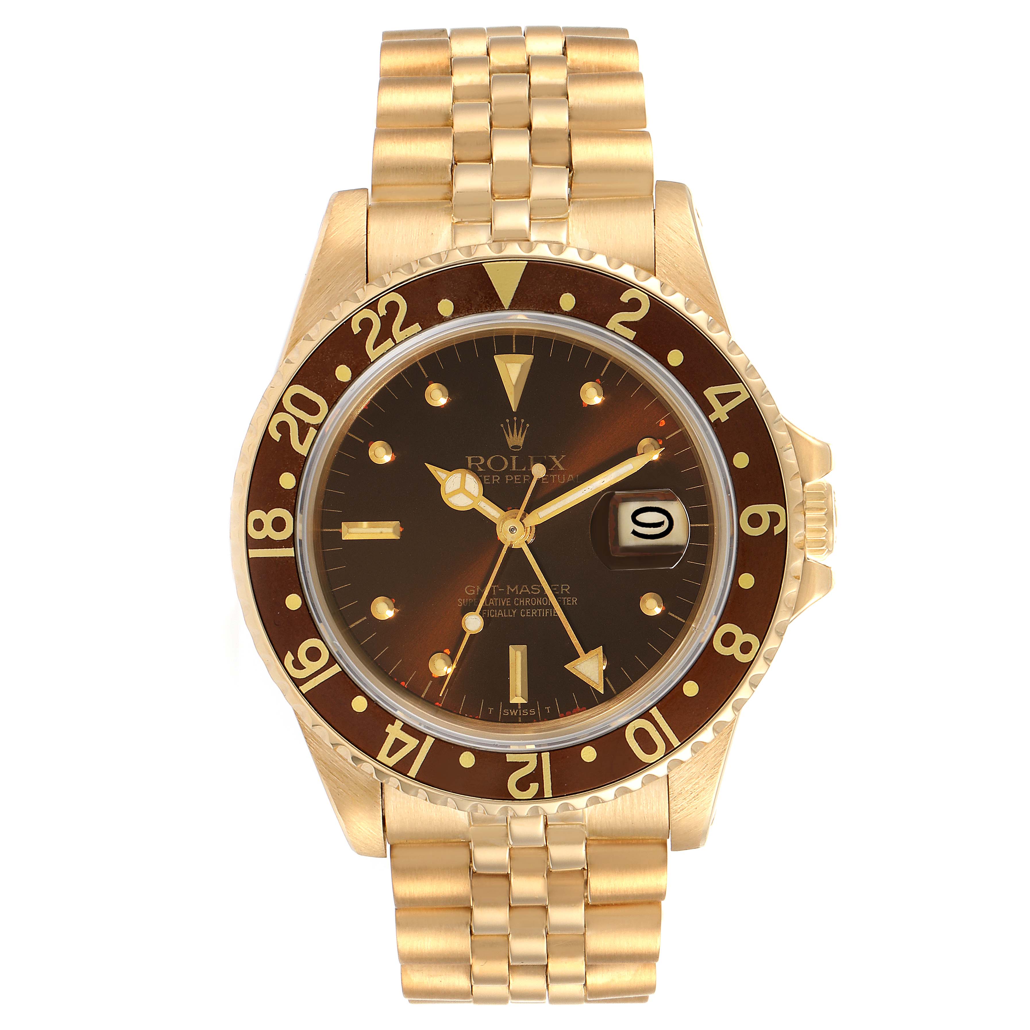 This image shows a front view of a Rolex GMT-Master 16758 Men's Yellow Gold Brown Dial 16758 Men's Yellow Gold Brown Dial watch, displaying its bezel, dial, hands, and bracelet.