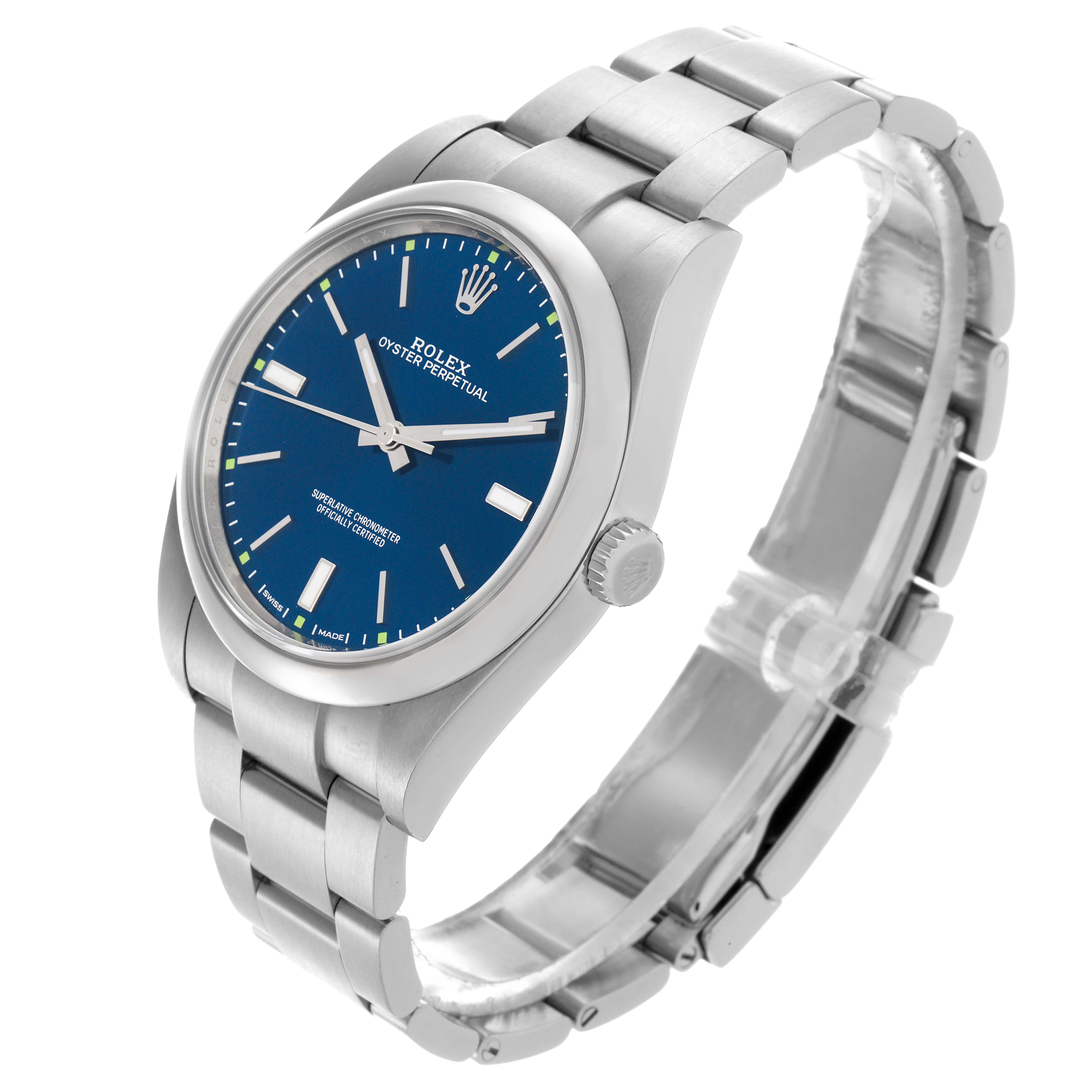 The Rolex Oyster Perpetual 114300 Men's Stainless Steel Blue Dial 114300 Men's Stainless Steel Blue Dial watch is shown at a side angle, displaying the dial, bezel, crown, and bracelet partially.