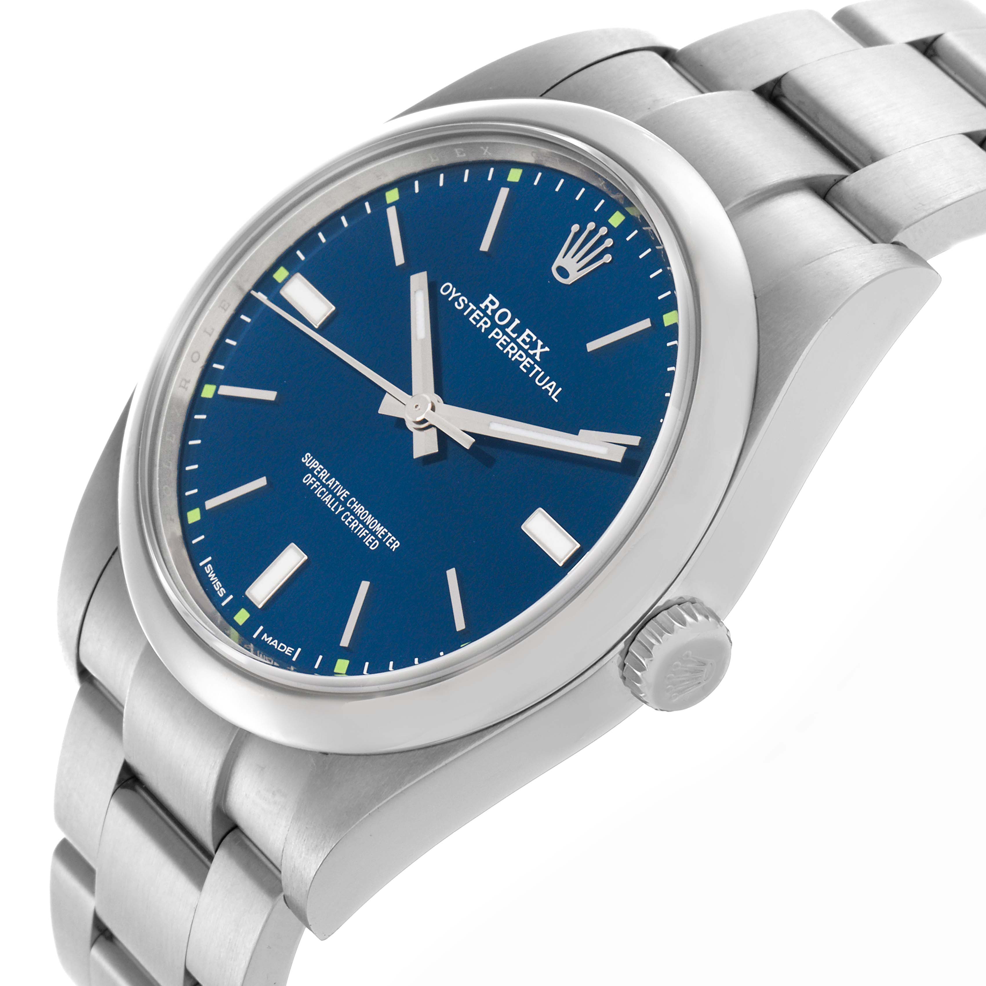 The Rolex Oyster Perpetual 114300 Men's Stainless Steel Blue Dial 114300 Men's Stainless Steel Blue Dial watch is shown at a slight angle, highlighting the blue dial, crown, and part of the bracelet.