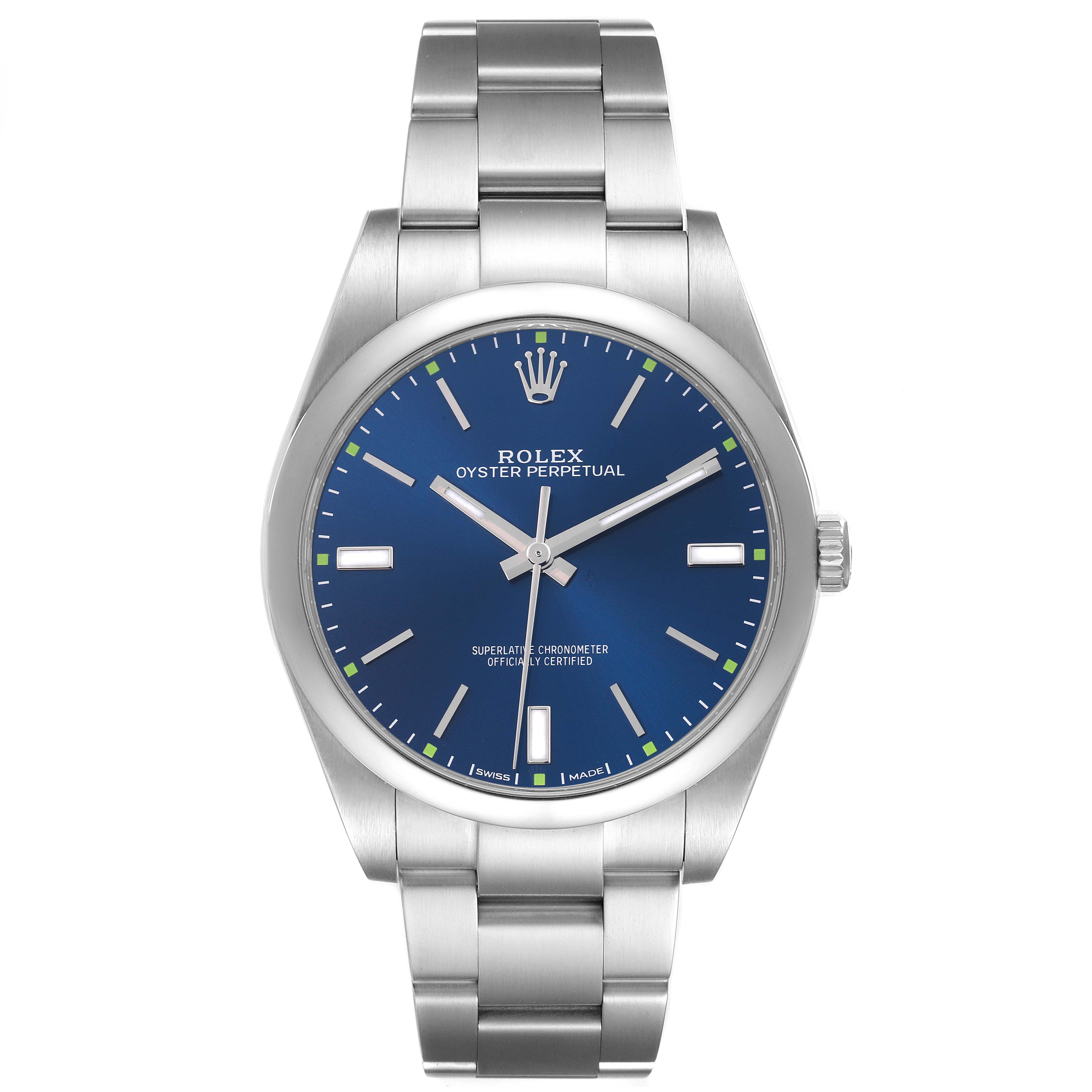 The Rolex Oyster Perpetual 114300 Men's Stainless Steel Blue Dial 114300 Men's Stainless Steel Blue Dial watch is shown from the front, displaying its blue dial, hands, indices, and metal bracelet.