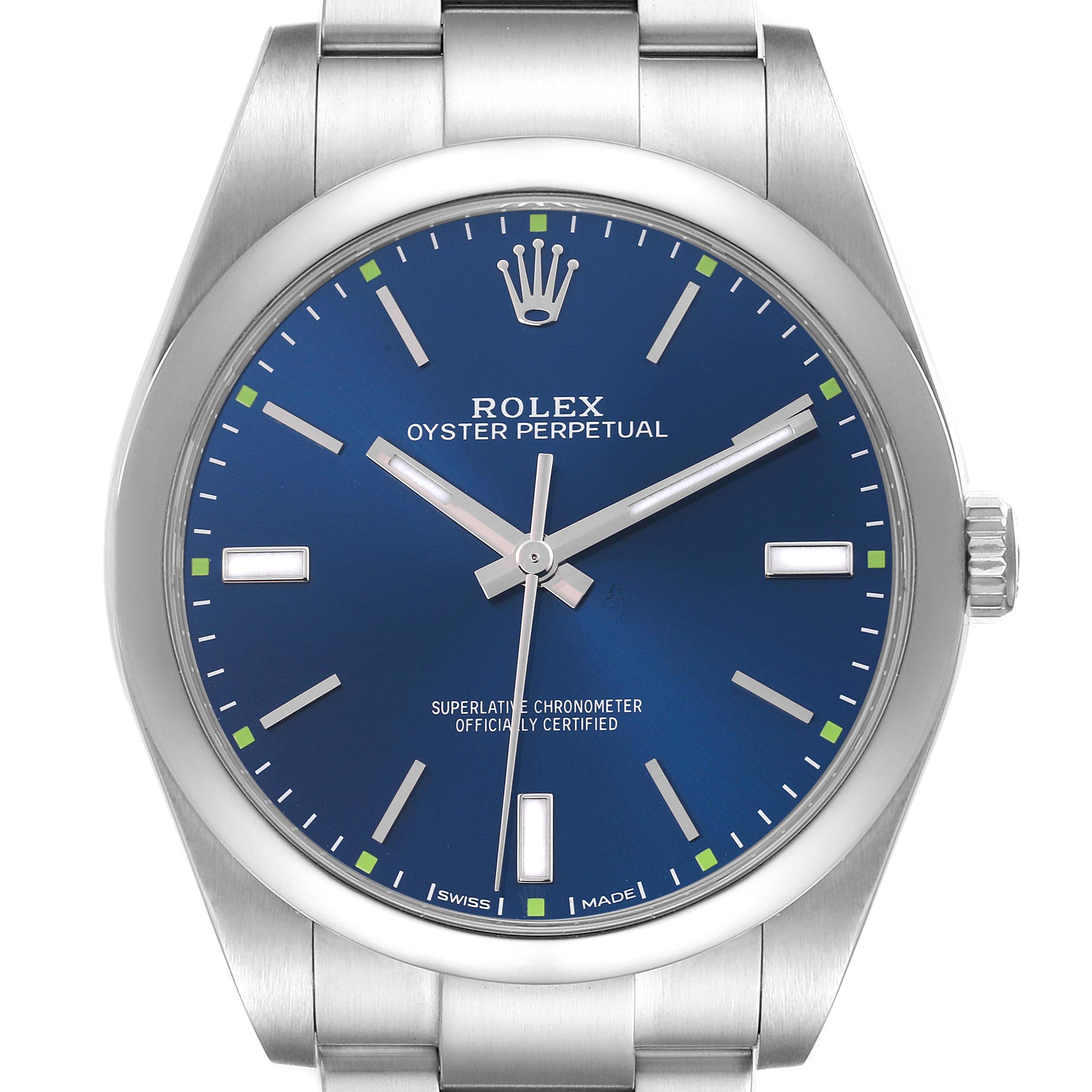 The Rolex Oyster Perpetual 114300 Men's Stainless Steel Blue Dial 114300 Men's Stainless Steel Blue Dial watch is shown from a front angle, highlighting its blue dial and stainless steel bracelet.
