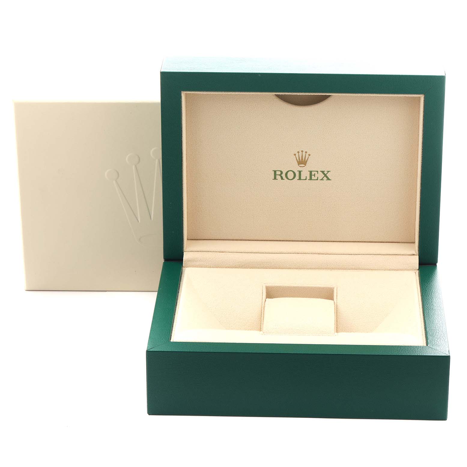 The image shows an open Rolex Oyster Perpetual 114300 Men's Stainless Steel Blue Dial 114300 Men's Stainless Steel Blue Dial watch box, featuring a green exterior and beige interior with the Rolex logo.
