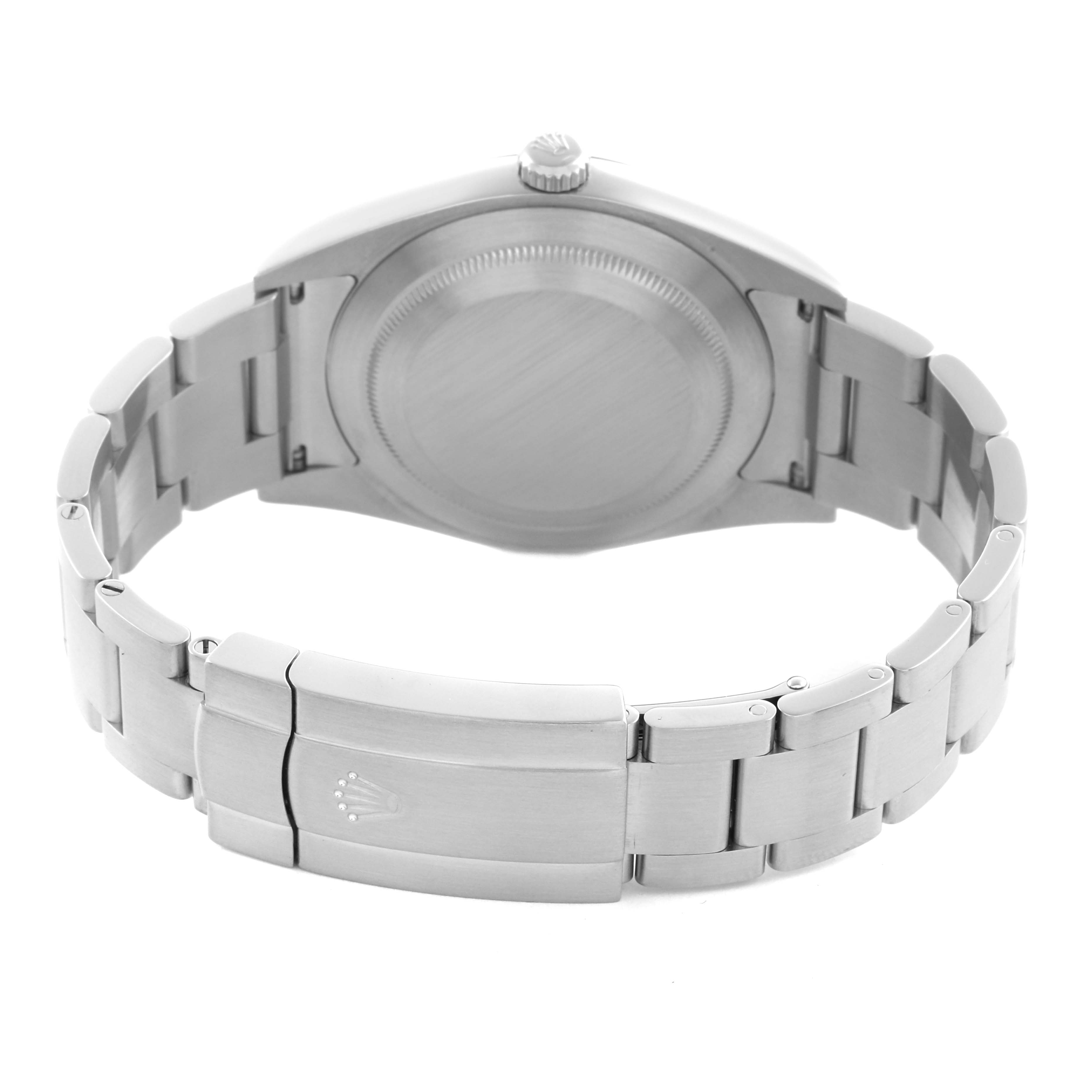 The image shows the back view of the Rolex Oyster Perpetual 114300 Men's Stainless Steel Blue Dial 114300 Men's Stainless Steel Blue Dial watch, highlighting the clasp, case back, and bracelet links.