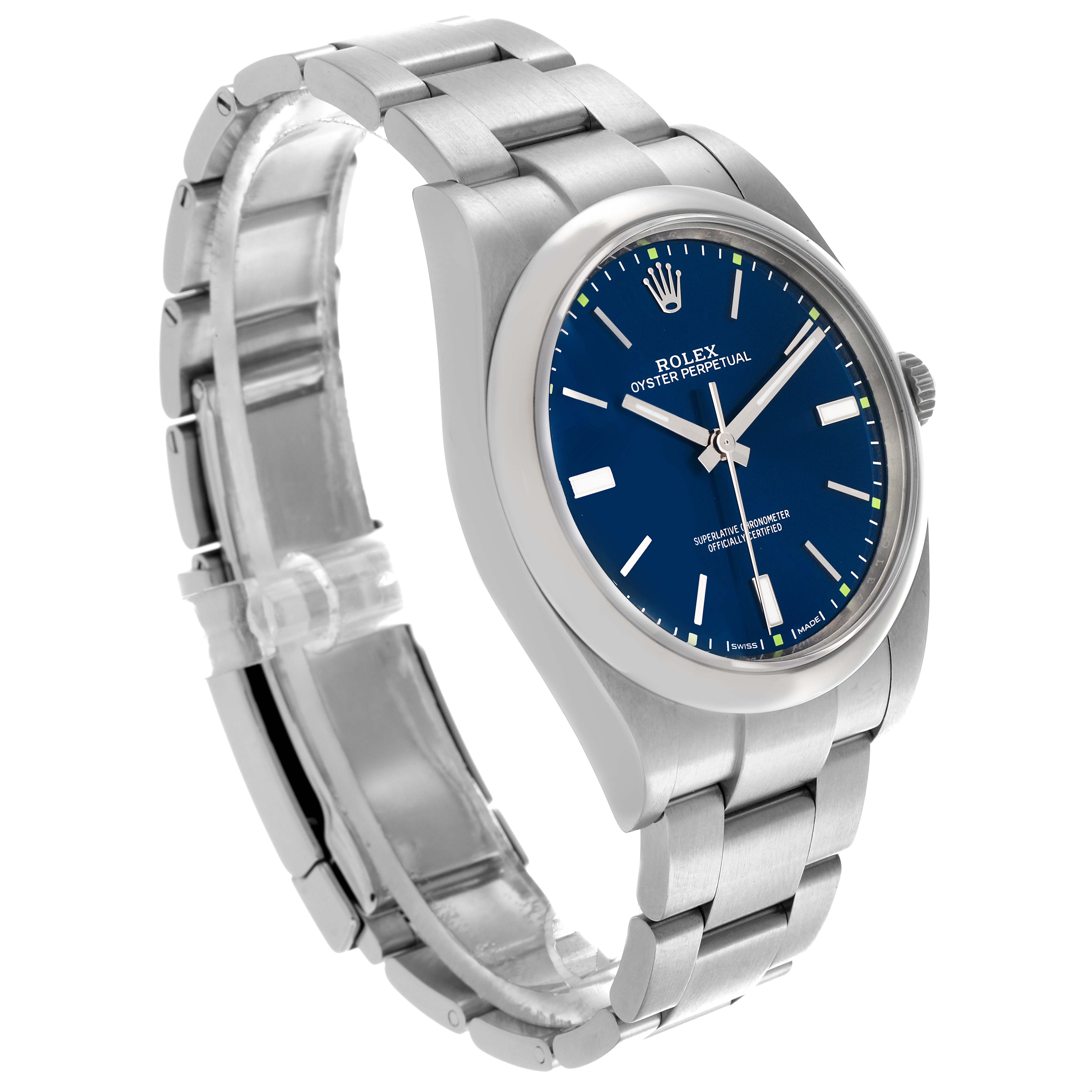 The Rolex Oyster Perpetual 114300 Men's Stainless Steel Blue Dial 114300 Men's Stainless Steel Blue Dial watch is shown at a three-quarter angle, displaying the bracelet, case, and dial with a blue face.