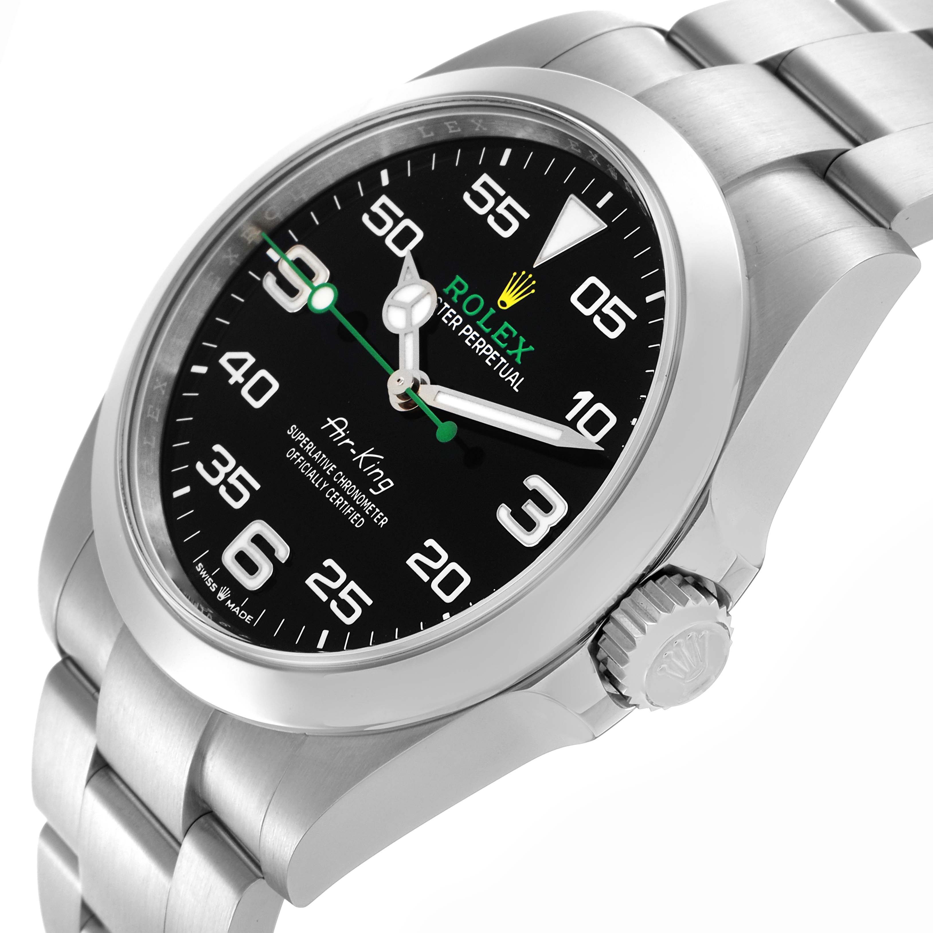 The Rolex Air-King 126900 Men's Stainless Steel Black Dial 126900 Men's Stainless Steel Black Dial watch is shown at a side angle, displaying the dial, bezel, crown, and part of the bracelet.