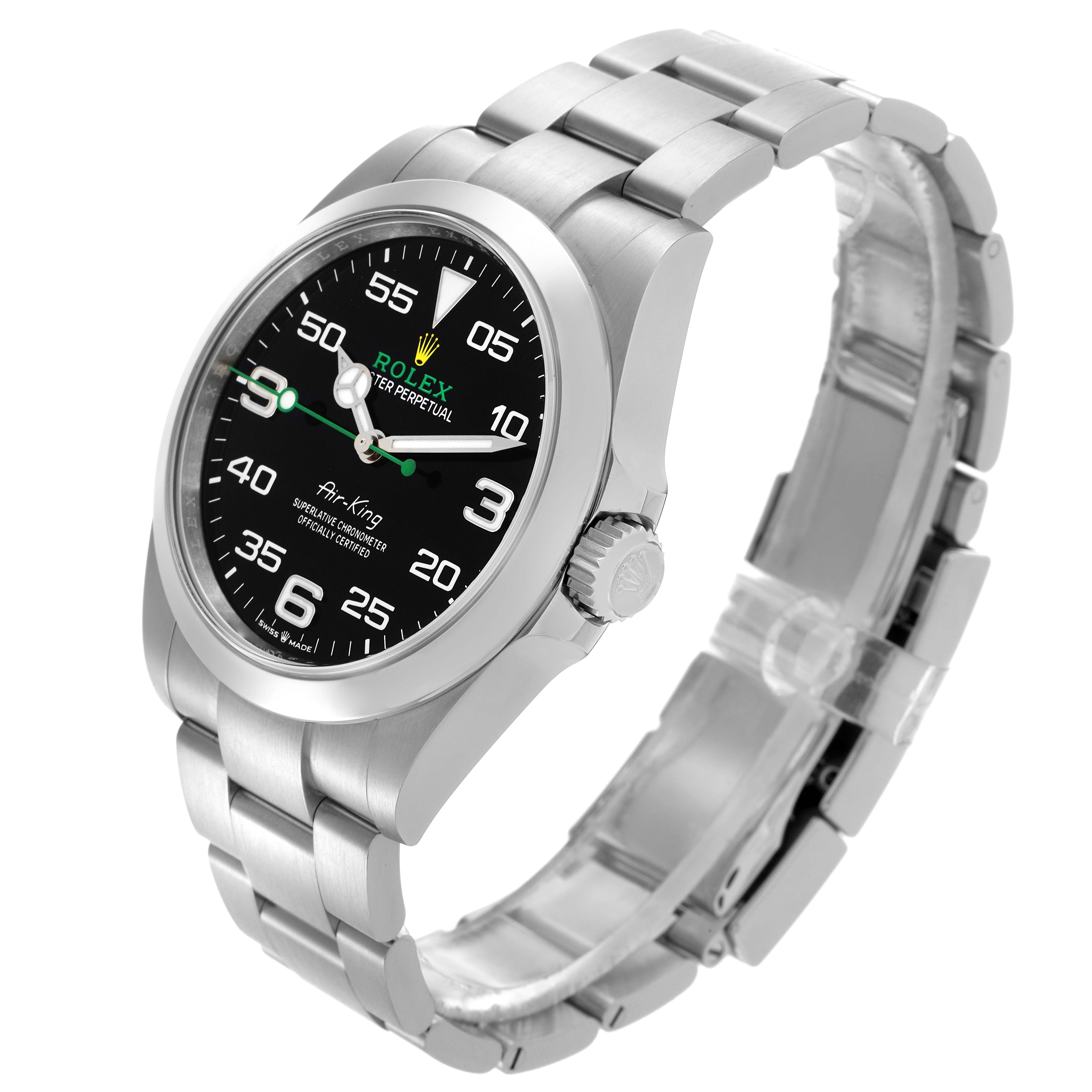 This Rolex Air-King 126900 Men's Stainless Steel Black Dial 126900 Men's Stainless Steel Black Dial watch is shown at a three-quarter angle, displaying the face, bezel, crown, and bracelet.