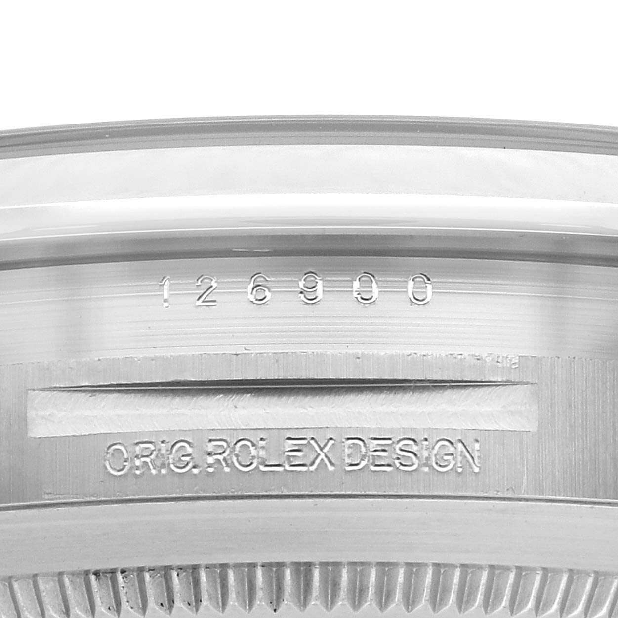 The image shows a close-up of the Rolex Air-King 126900 Men's Stainless Steel Black Dial 126900 Men's Stainless Steel Black Dial model's case side, featuring the model number and engraving.