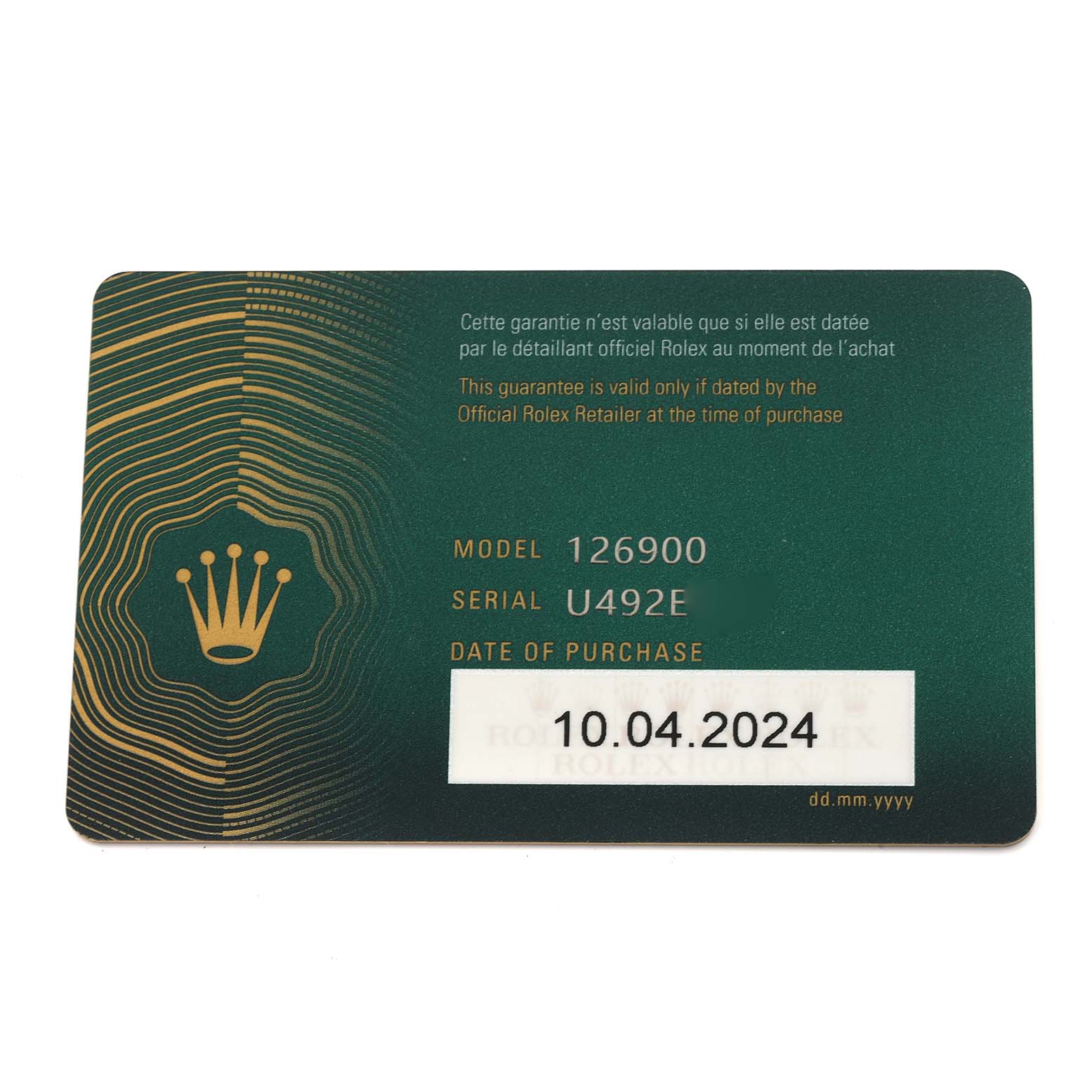 The image shows a warranty card for the Rolex Air-King 126900 Men's Stainless Steel Black Dial 126900 Men's Stainless Steel Black Dial, displaying model and serial information.