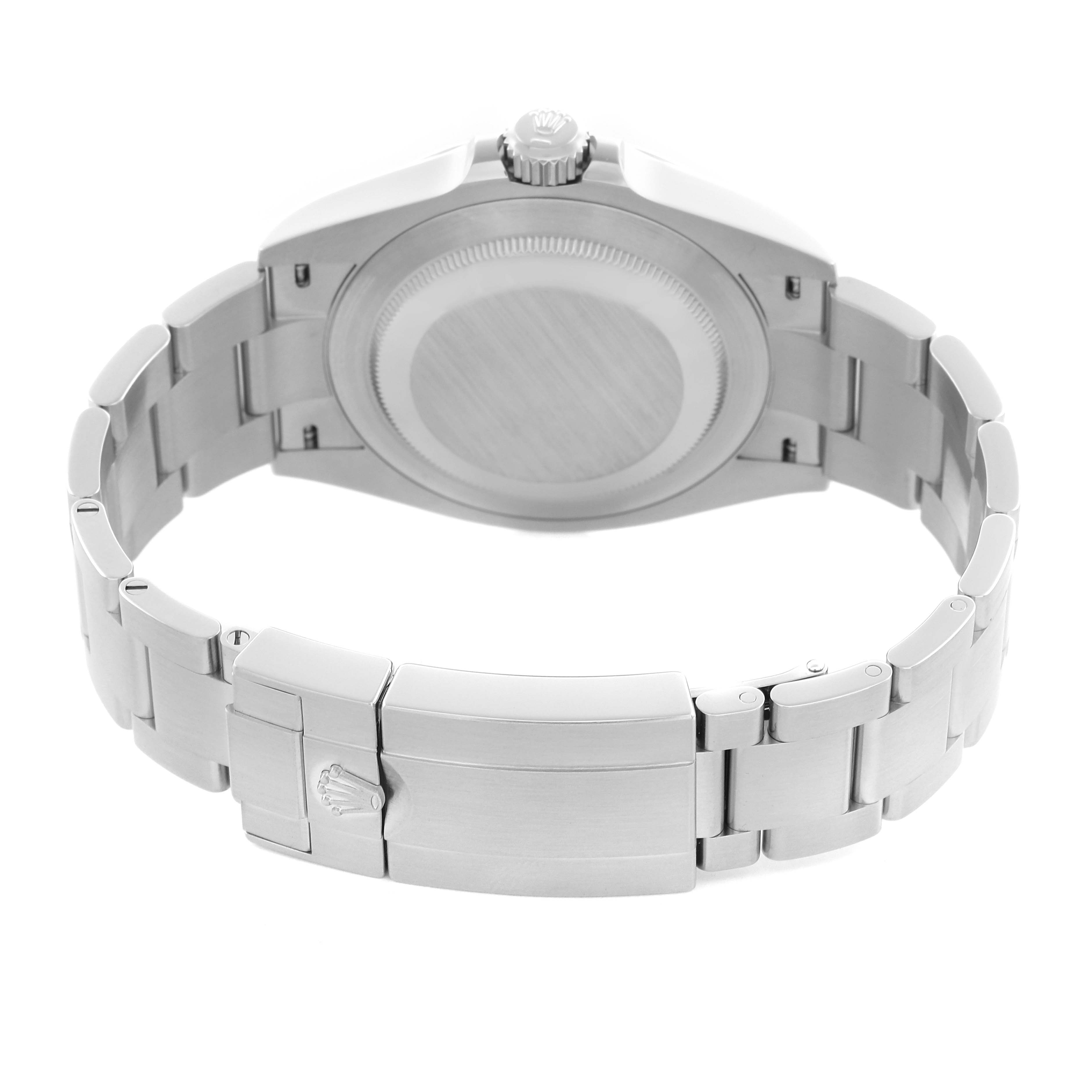 The image shows the Rolex Air-King 126900 Men's Stainless Steel Black Dial 126900 Men's Stainless Steel Black Dial watch from the back, highlighting the case back, clasp, and bracelet.