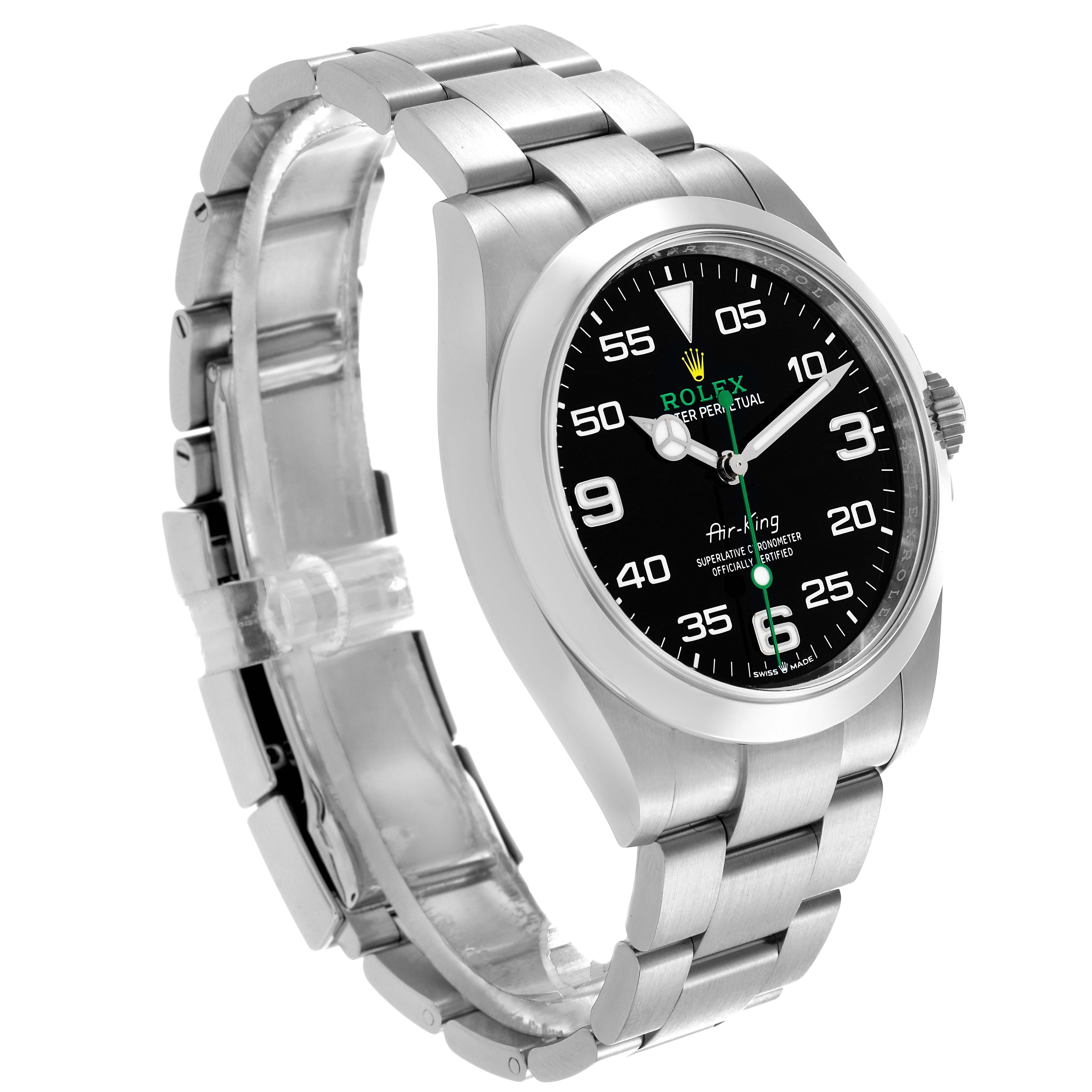 The Rolex Air-King 126900 Men's Stainless Steel Black Dial 126900 Men's Stainless Steel Black Dial watch is shown at a three-quarter angle, displaying the face, bezel, crown, and bracelet.