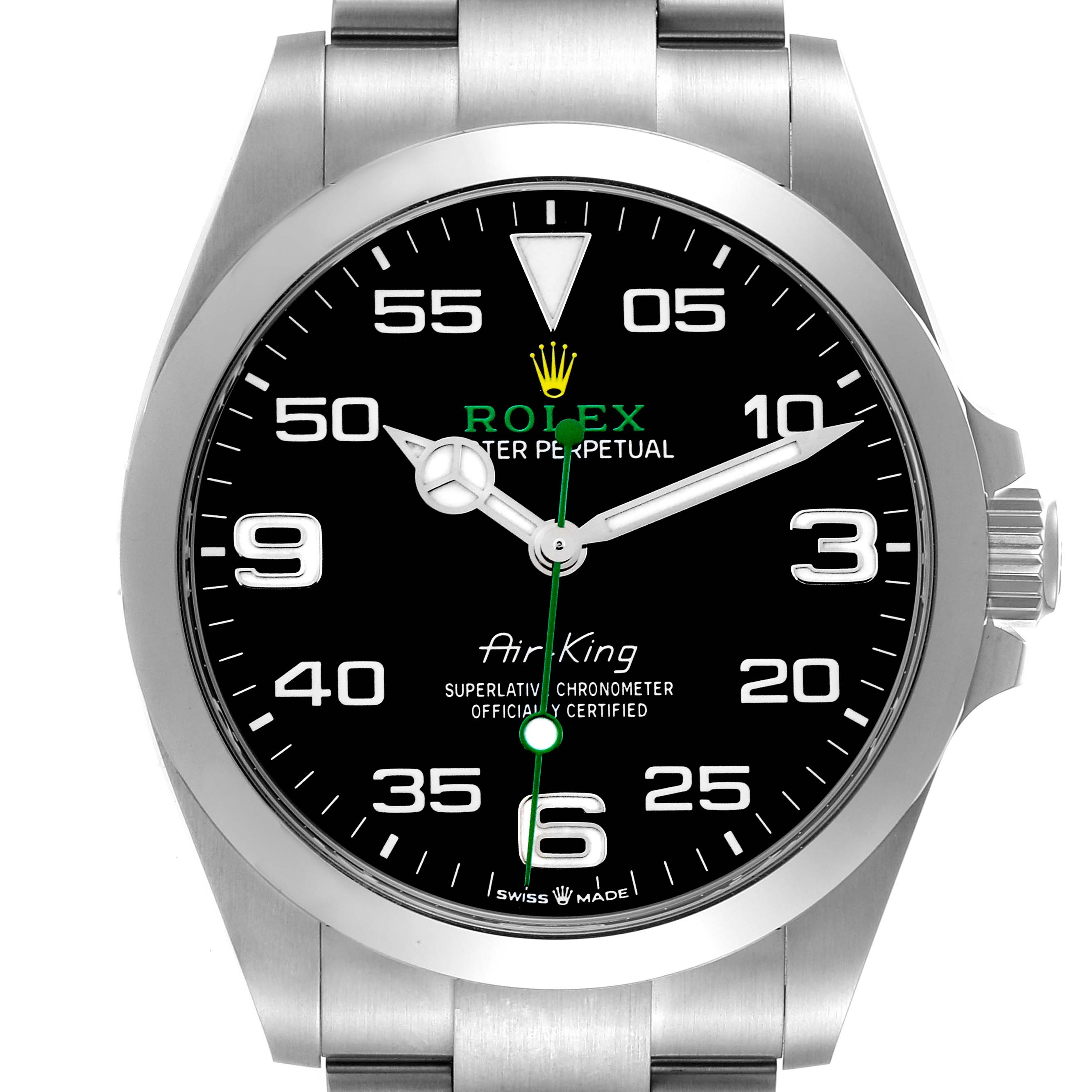 The Rolex Air-King 126900 Men's Stainless Steel Black Dial 126900 Men's Stainless Steel Black Dial watch is shown from a front view, displaying the face, bezel, crown, and part of the bracelet.