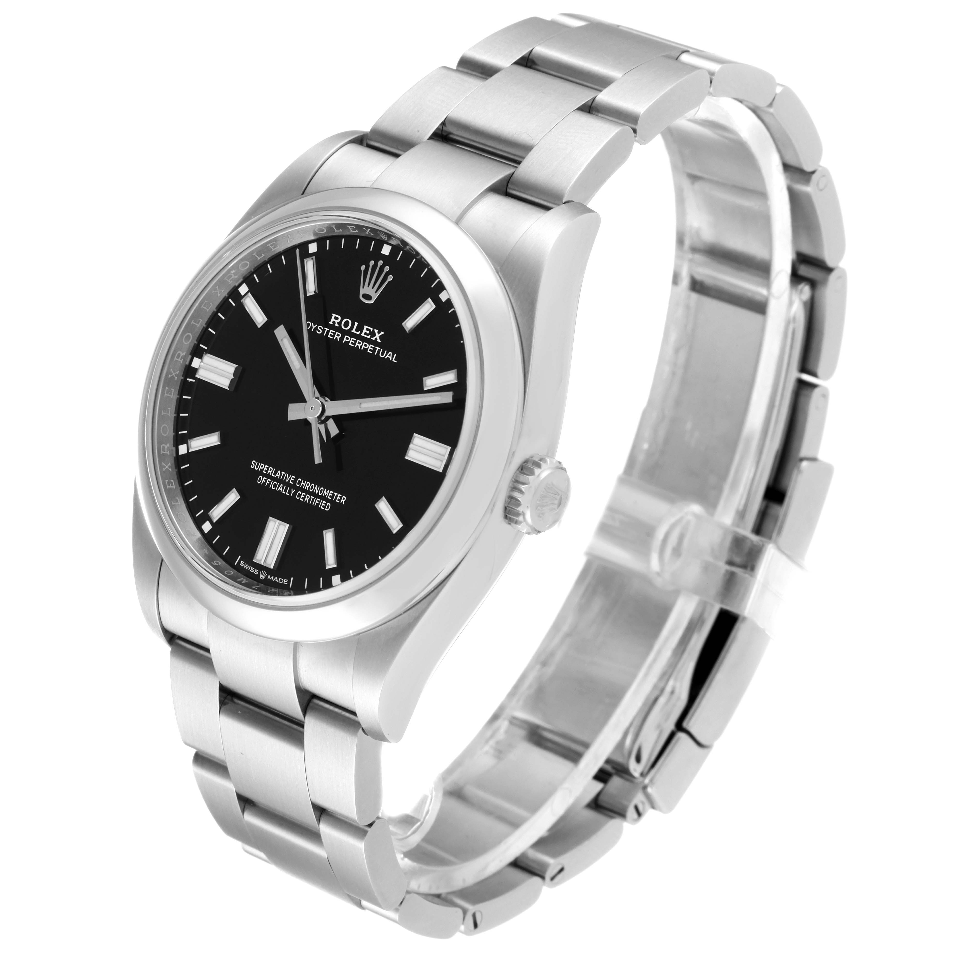 The Rolex Oyster Perpetual 126000 Men's Stainless Steel Black Dial 126000 Men's Stainless Steel Black Dial watch is shown at a slight angle, highlighting the black dial, stainless steel case, and bracelet.