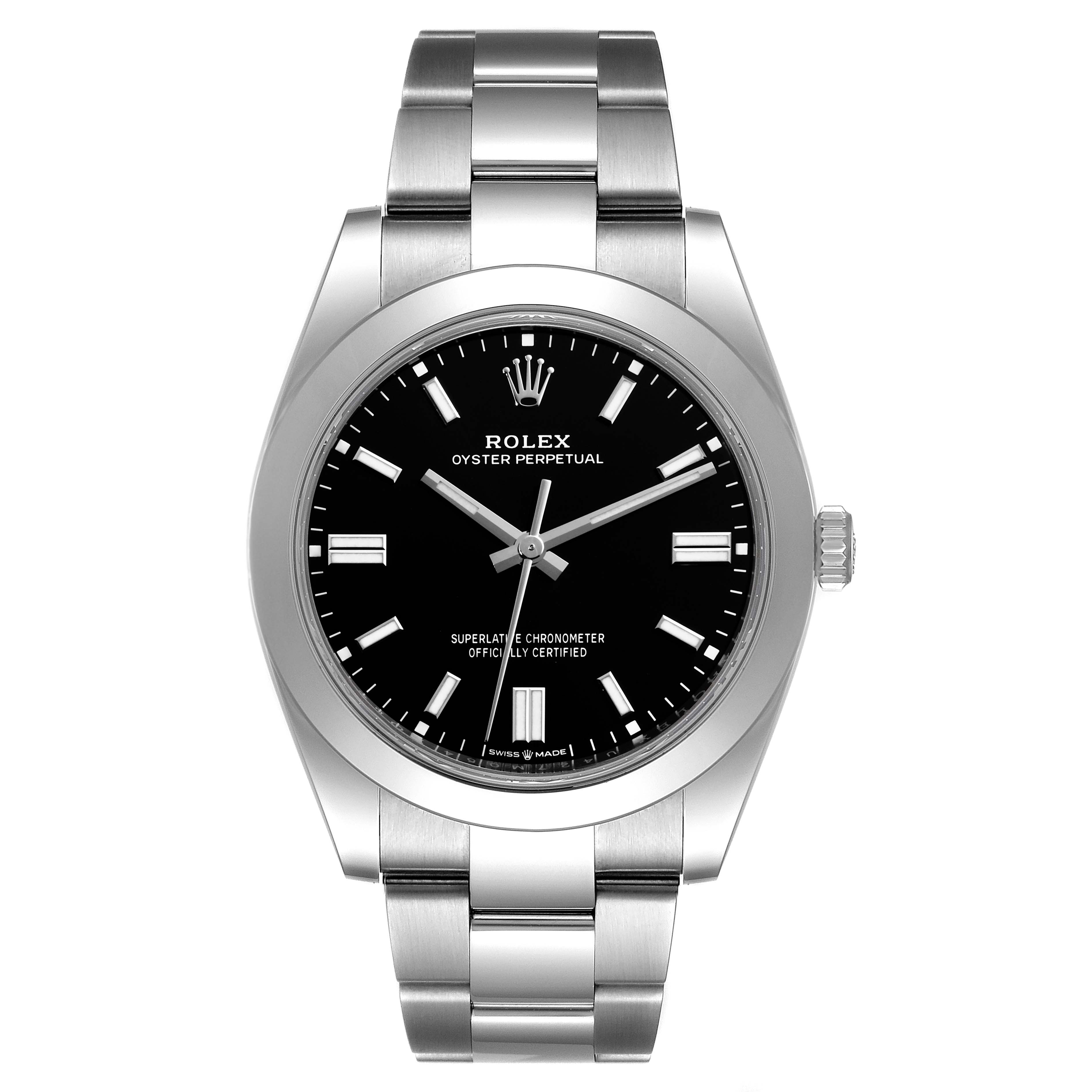 This image shows a front view of the Rolex Oyster Perpetual 126000 Men's Stainless Steel Black Dial 126000 Men's Stainless Steel Black Dial watch, highlighting the dial and bracelet.