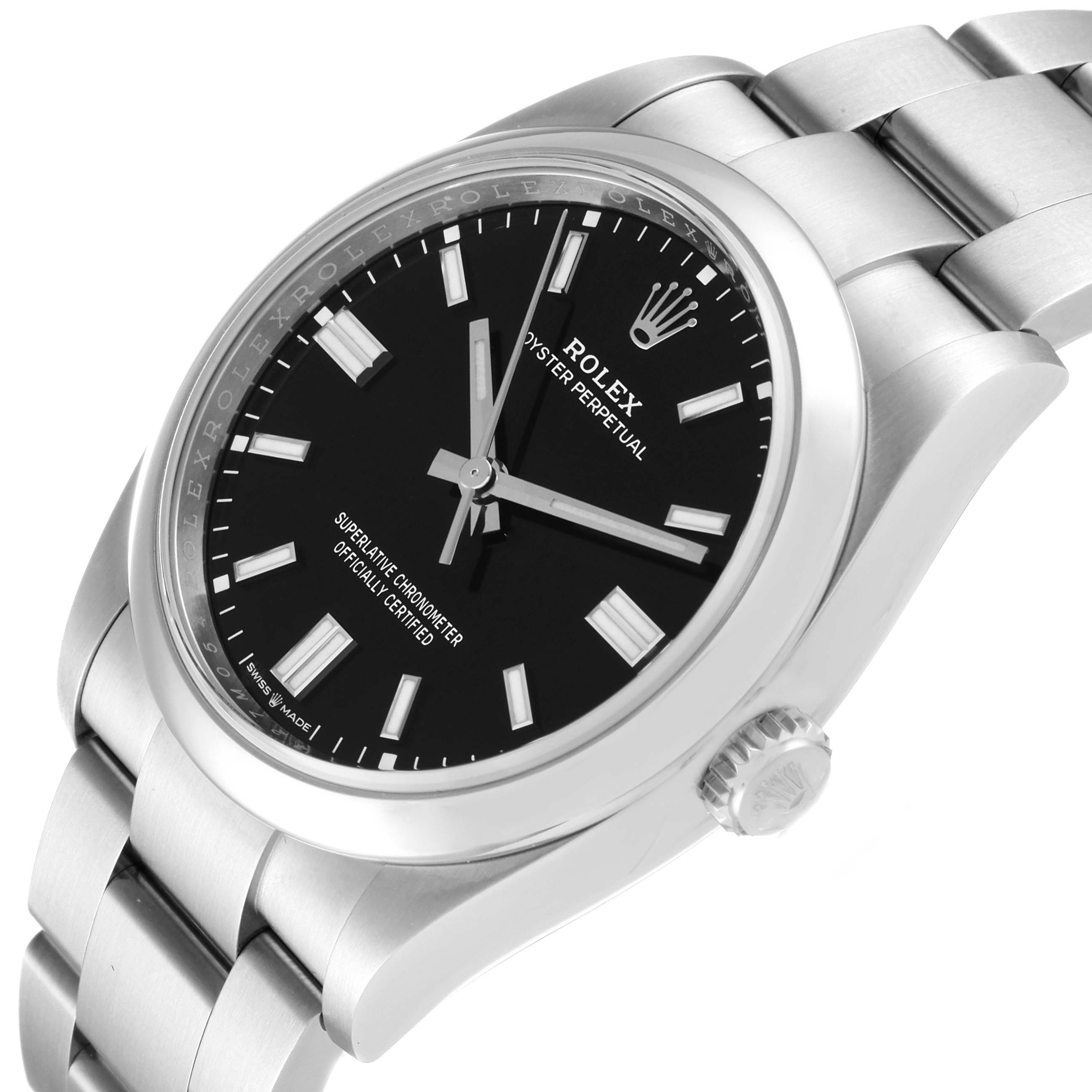 The image shows a Rolex Oyster Perpetual 126000 Men's Stainless Steel Black Dial 126000 Men's Stainless Steel Black Dial watch at an angled close-up, highlighting the dial, bezel, bracelet, and crown.