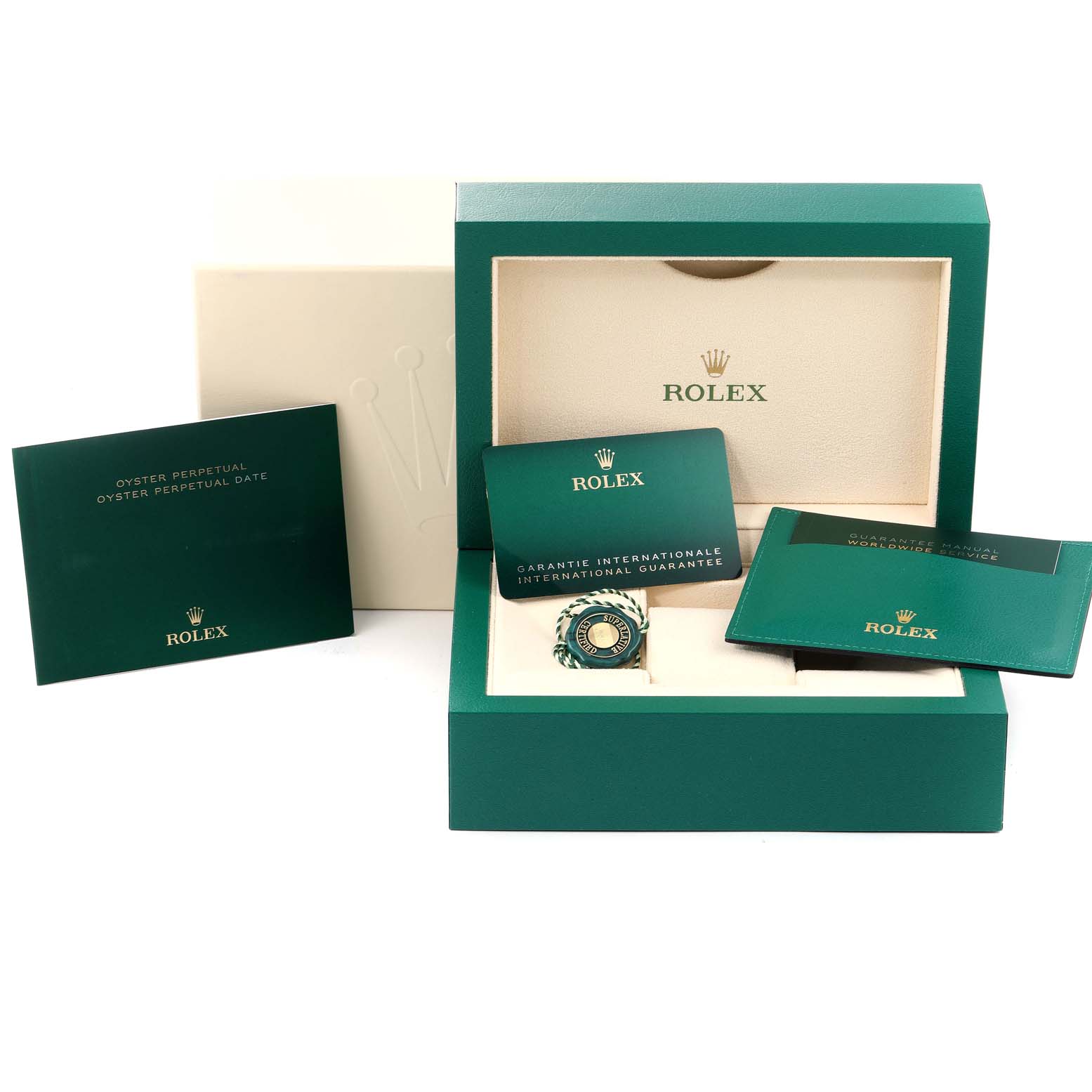 The image shows the packaging and accessories for the Rolex Oyster Perpetual 126000 Men's Stainless Steel Black Dial 126000 Men's Stainless Steel Black Dial model, including the box, warranty card, and booklets.