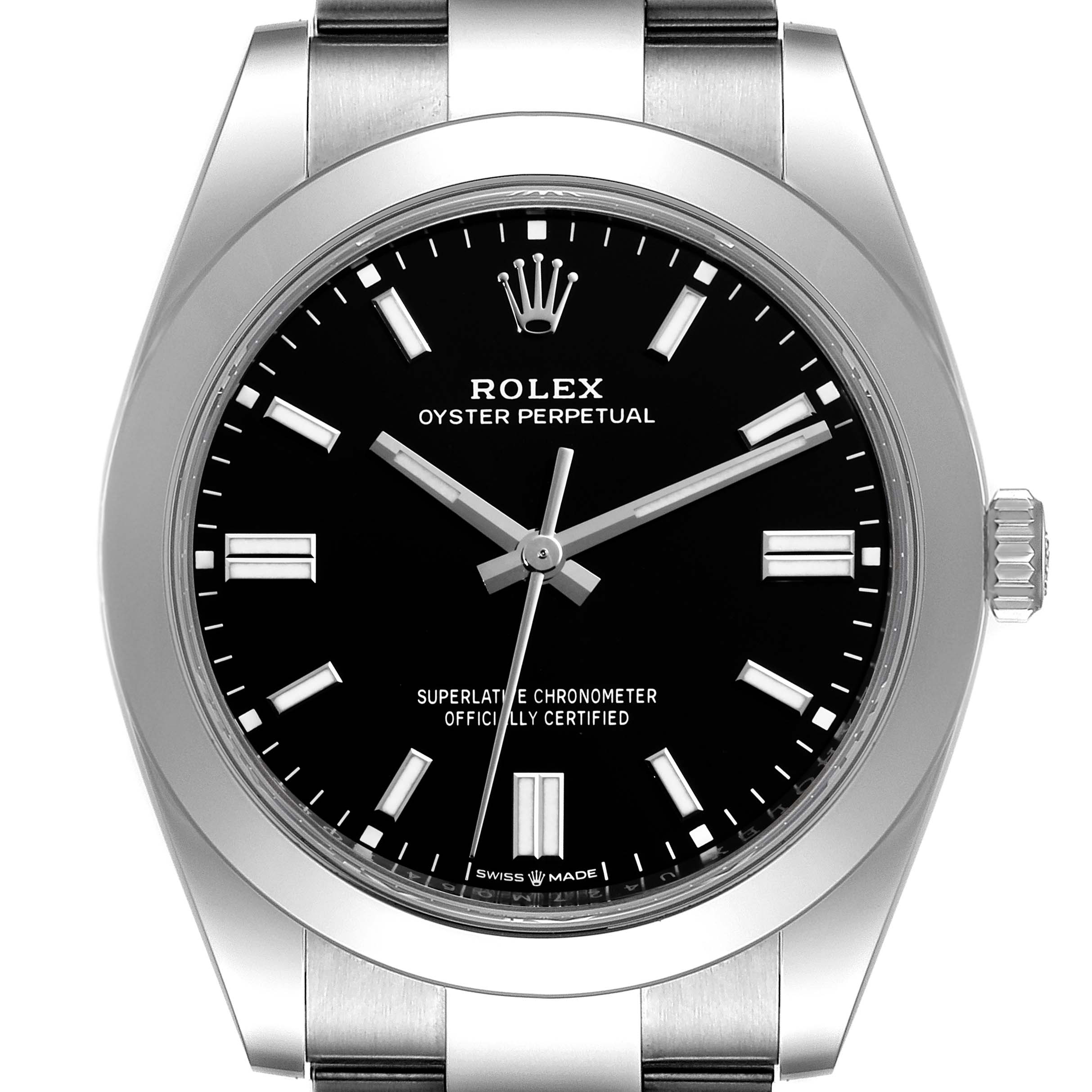 The image shows a front view of a Rolex Oyster Perpetual 126000 Men's Stainless Steel Black Dial 126000 Men's Stainless Steel Black Dial watch, highlighting its black dial, metal case, and bracelet.