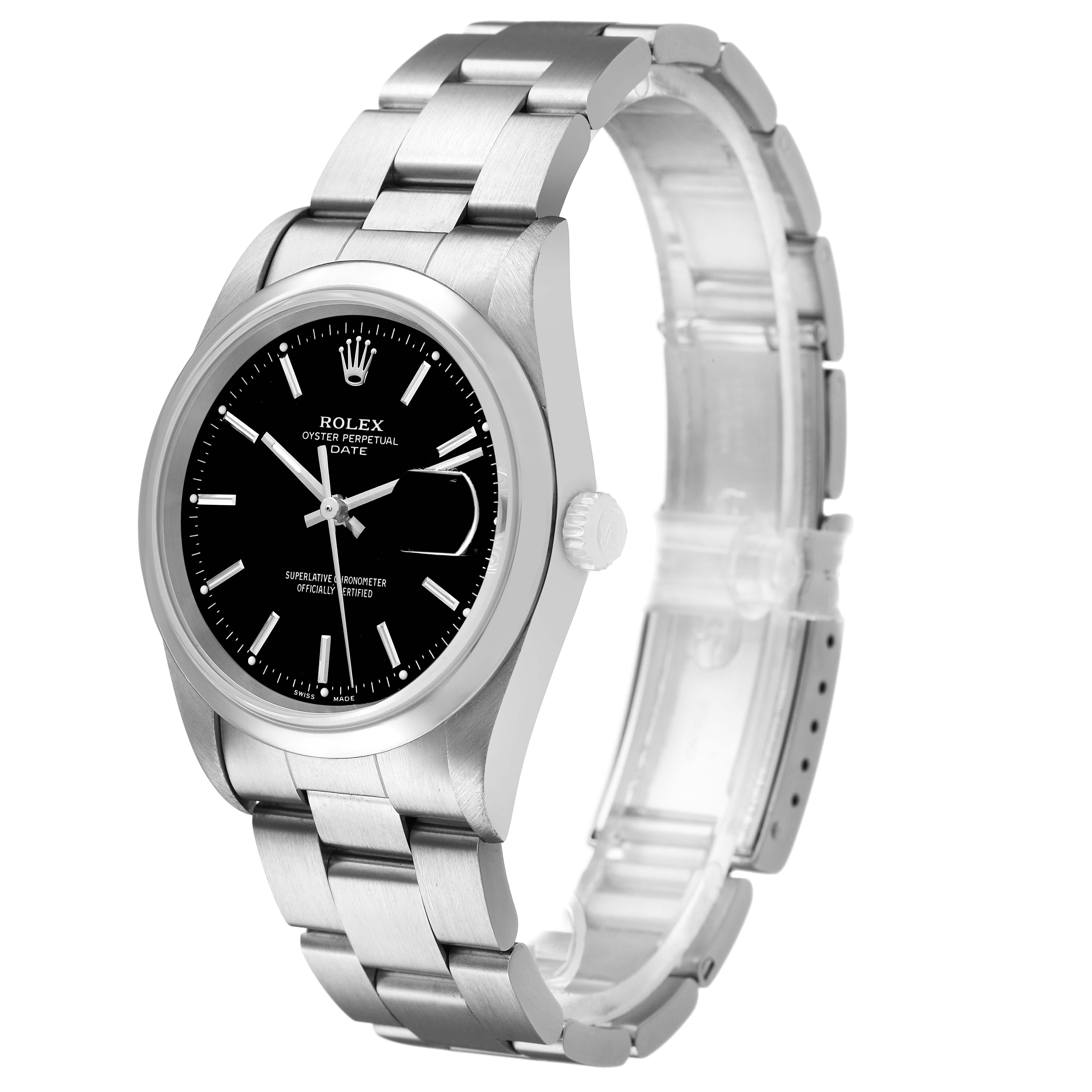 The Rolex Date 15200 Men's Stainless Steel Black Dial watch is shown at a three-quarter angle, displaying the face, bracelet, and side crown.