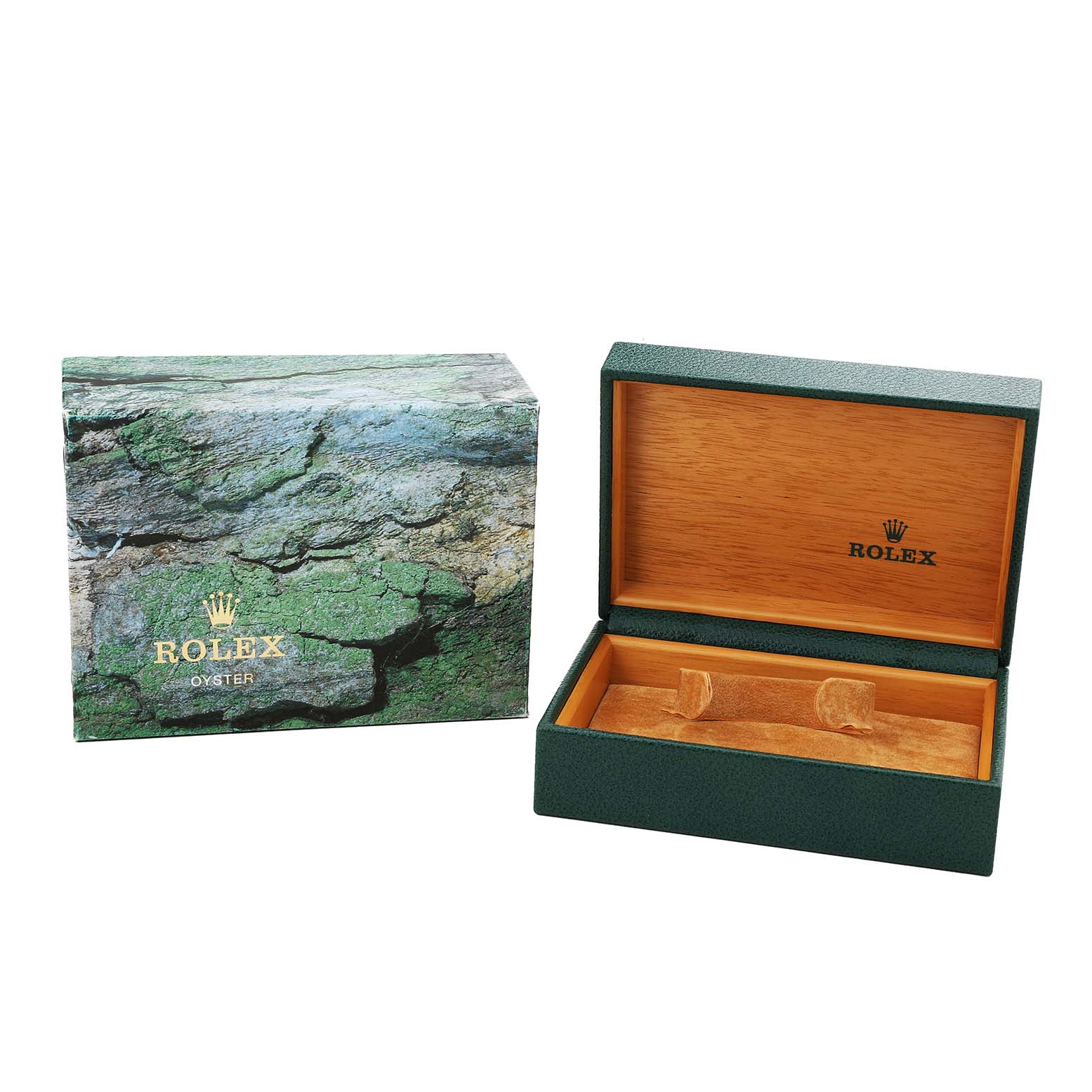 This image shows a Rolex Date 15200 Men's Stainless Steel Black Dial model watch box and its outer packaging from a slightly angled view.