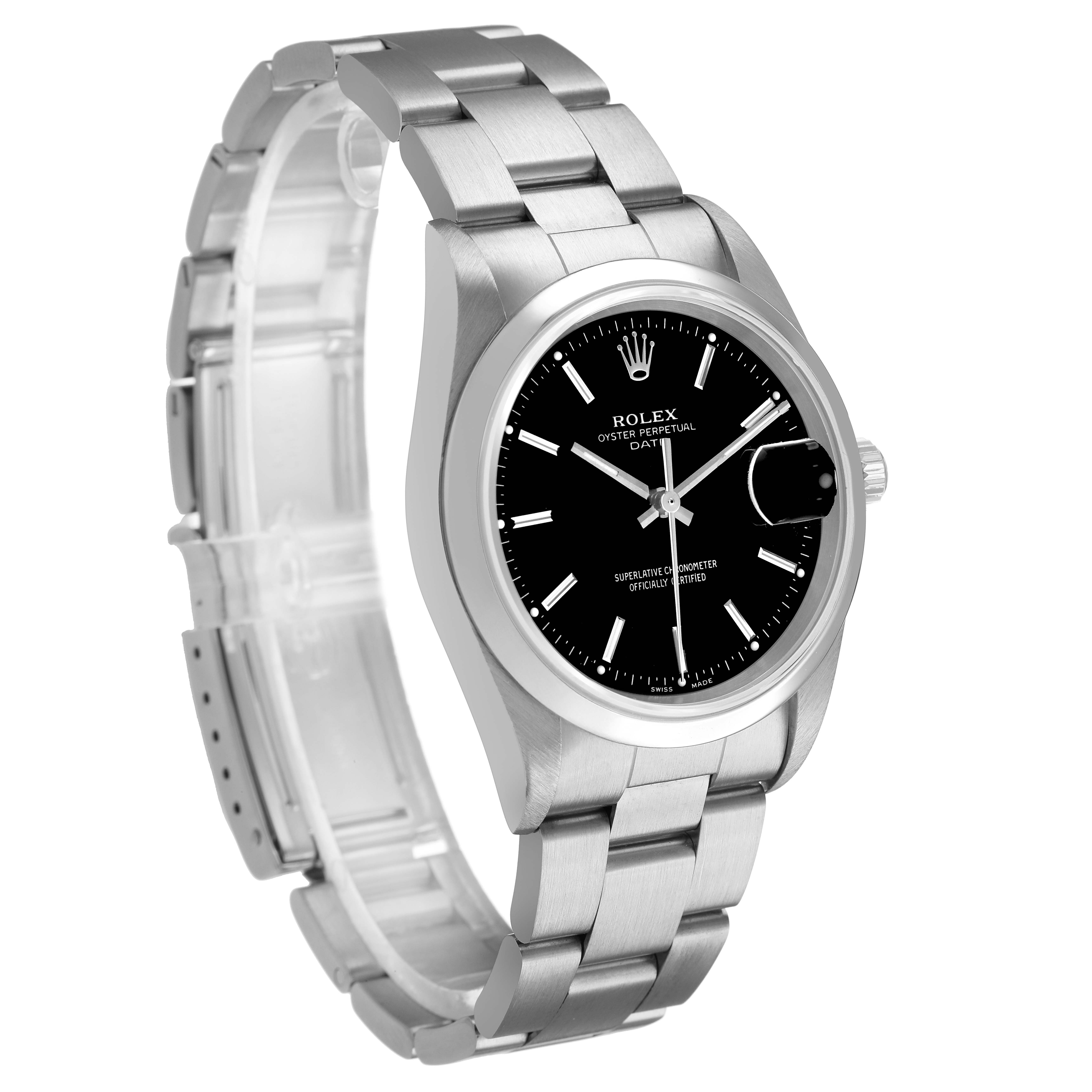 The Rolex Date 15200 Men's Stainless Steel Black Dial model watch is shown from a three-quarter front angle, highlighting the stainless steel case and bracelet.