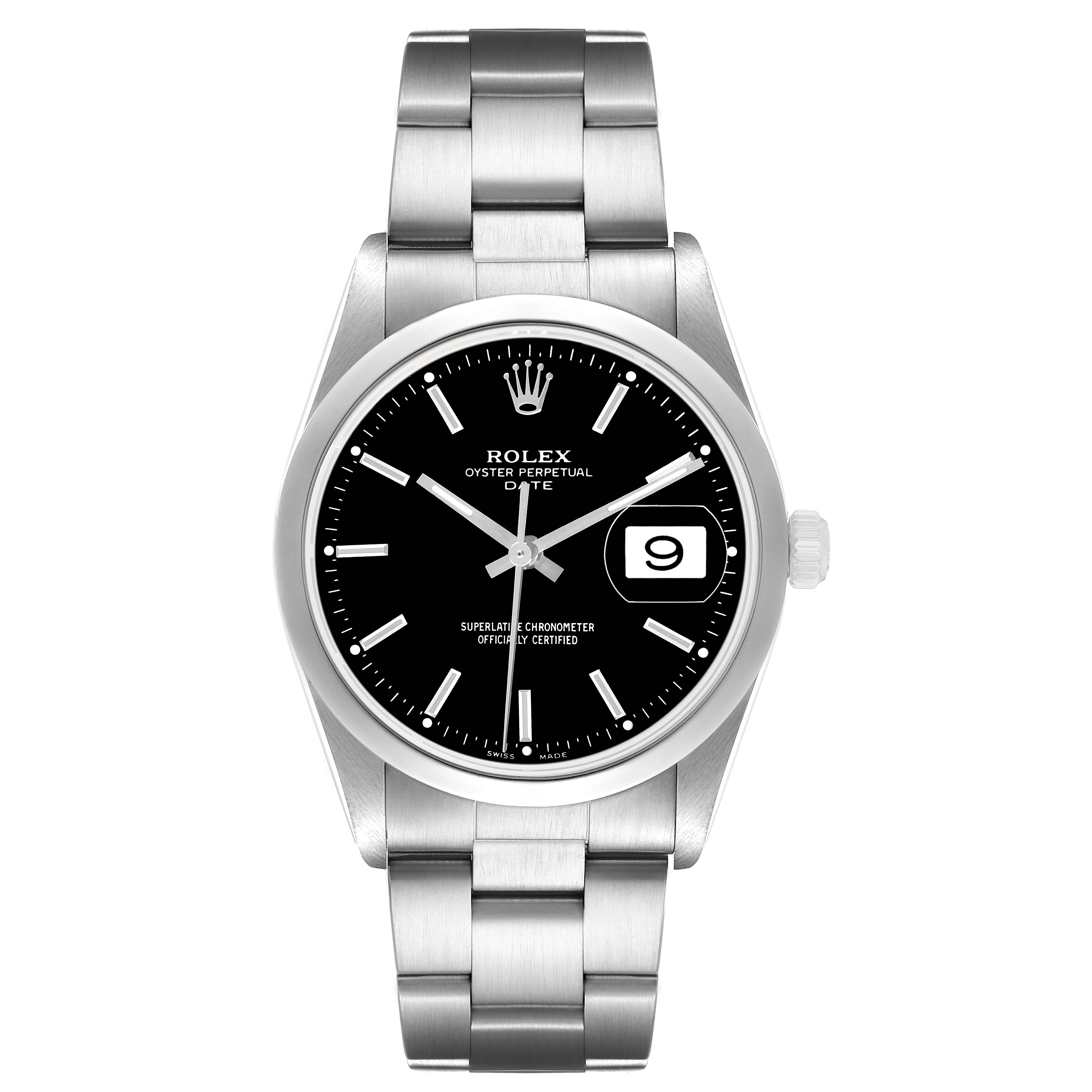 The Rolex Date 15200 Men's Stainless Steel Black Dial watch is shown from a front angle, displaying the dial, bezel, bracelet, and date window.
