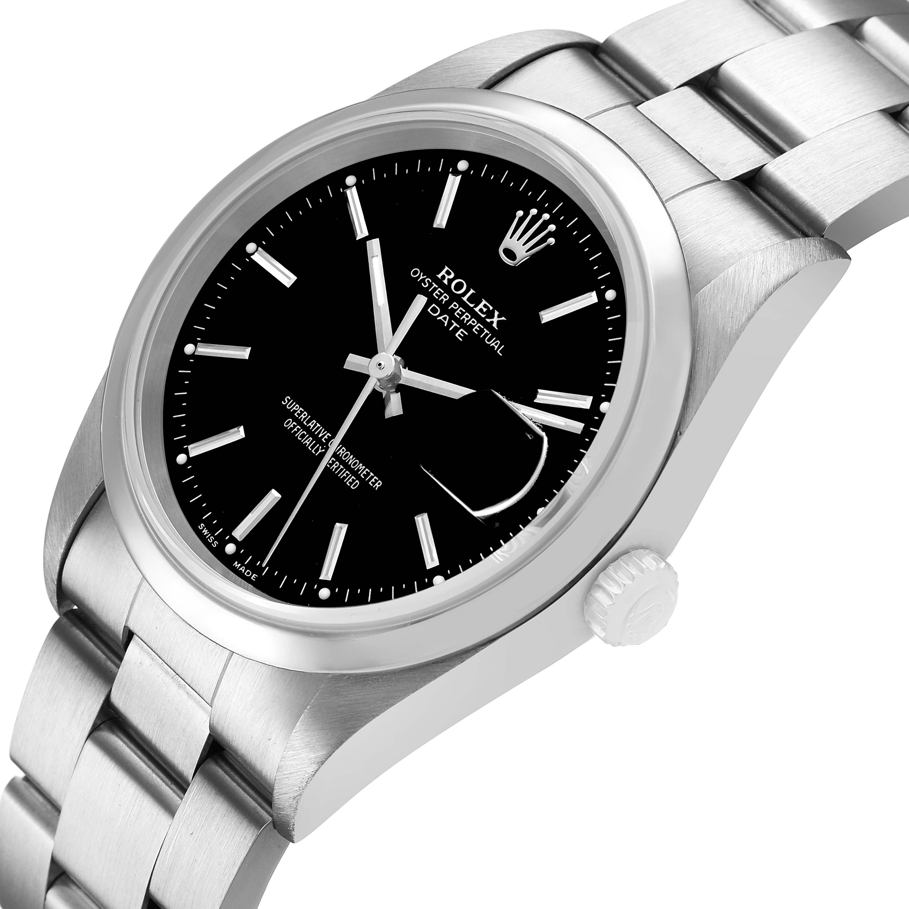 The Rolex Date 15200 Men's Stainless Steel Black Dial model watch is shown at a slight side angle, highlighting the dial, bezel, crown, and bracelet.