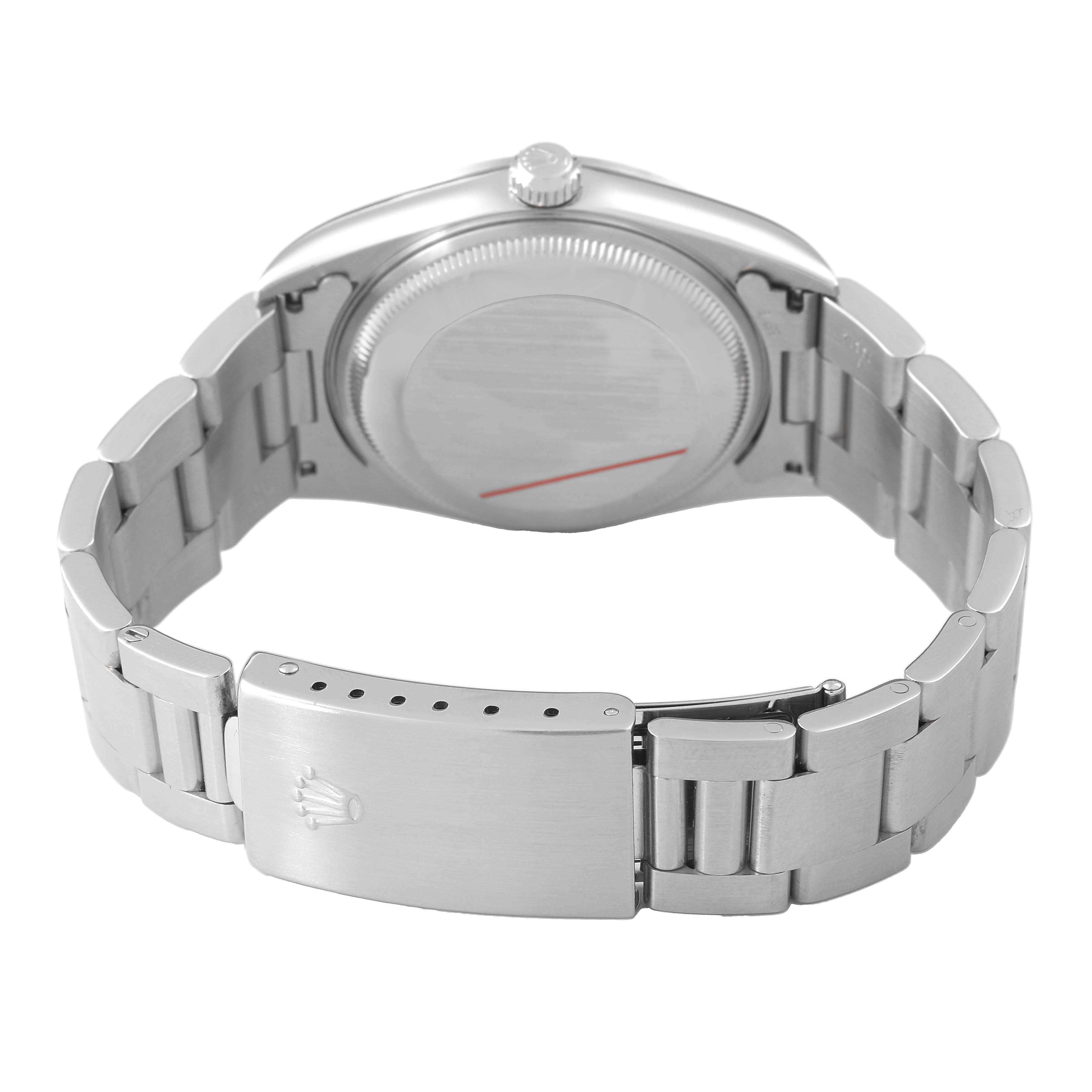 The image shows the back case and bracelet of a Rolex Date 15200 Men's Stainless Steel Black Dial watch, highlighting the clasp and links.