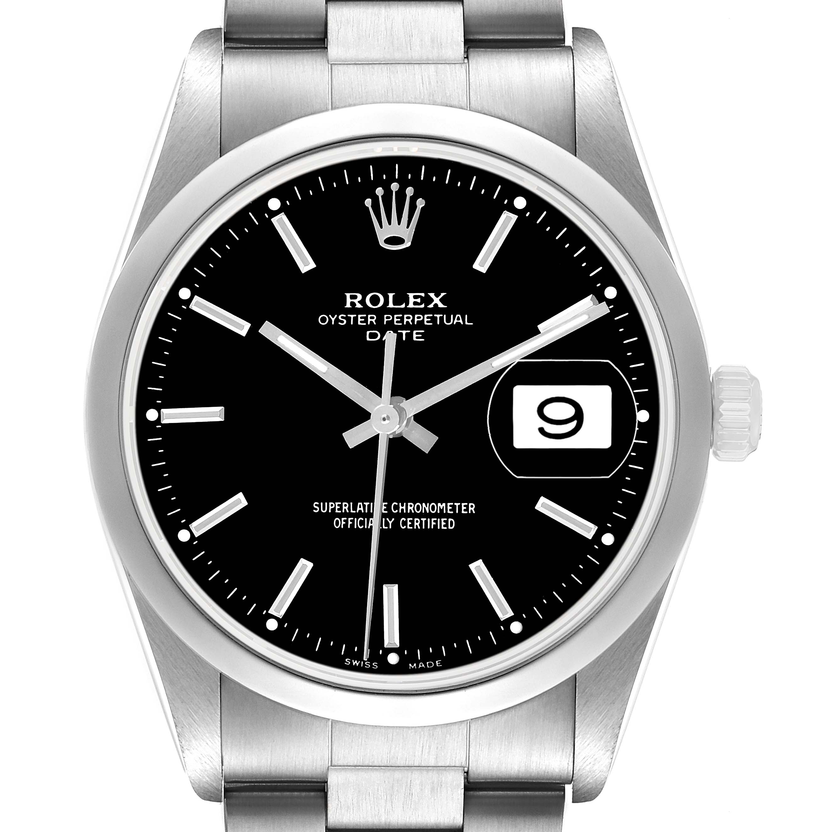 The Rolex Date 15200 Men's Stainless Steel Black Dial model watch is shown from the front, highlighting its black dial, date window, and stainless steel bracelet.