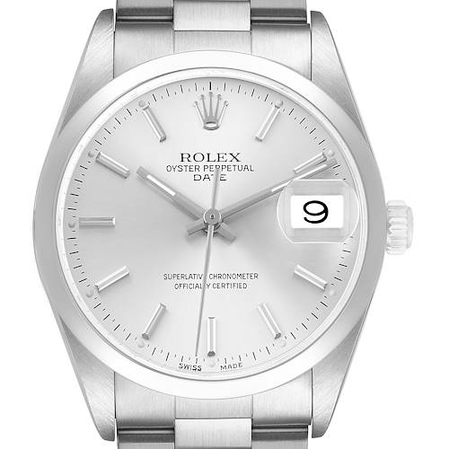 The Rolex Date 15200 Men's Stainless Steel Silver Dial watch is shown from the front, highlighting the dial, hands, bezel, and bracelet.